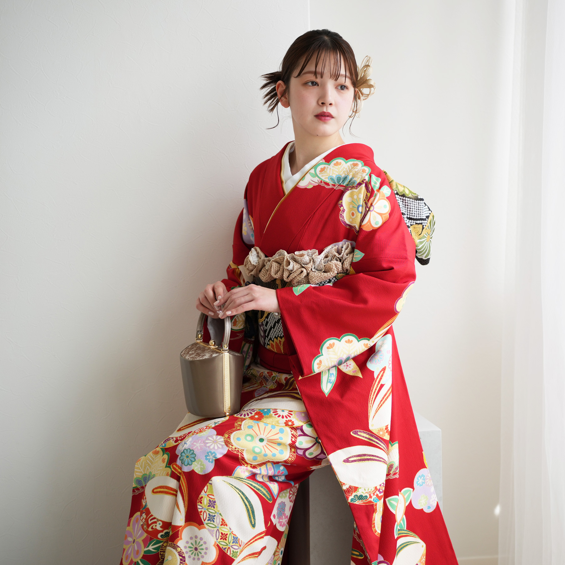 レンタル 振袖 正絹着物+袋帯 21点セット 絵羽 吉沢の友禅 特選・深緋