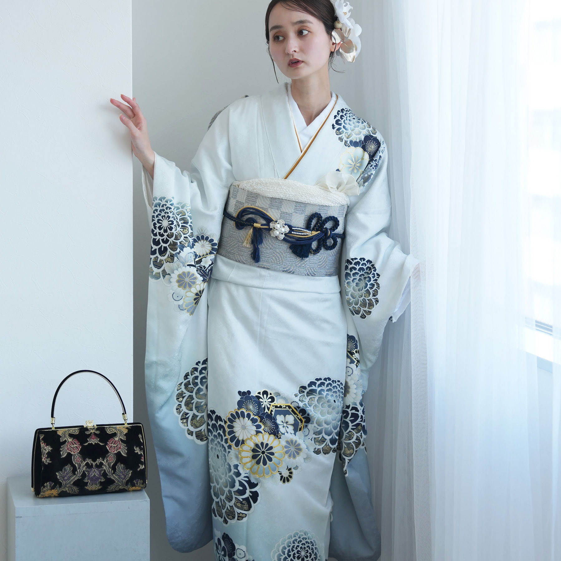 レンタル 振袖 成人式 正絹 白地に大きなポンポン菊 着物セット 結婚式