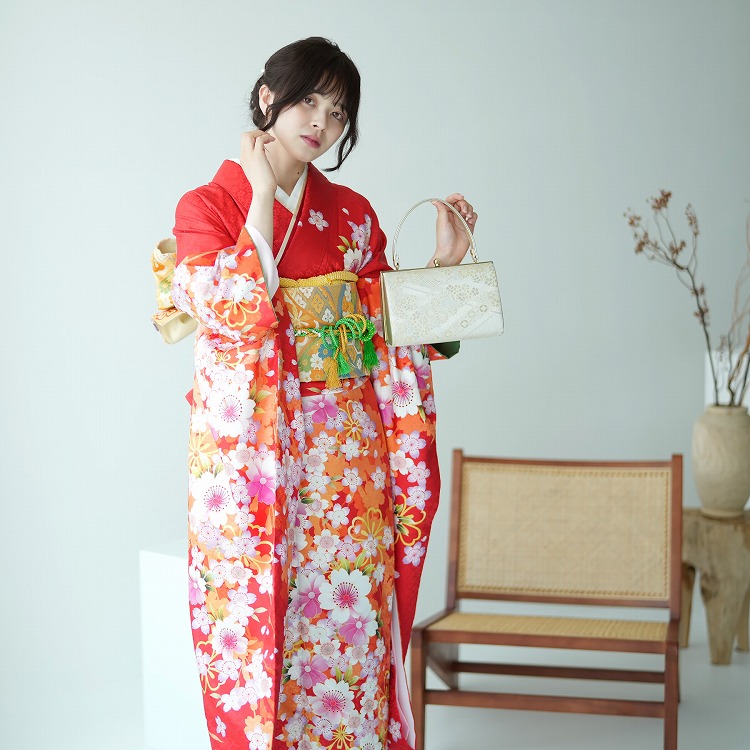 レンタル 振袖 成人式 21点セット レトロ 古典 結婚式 結納 前撮り 振袖セット 花 赤系 桜