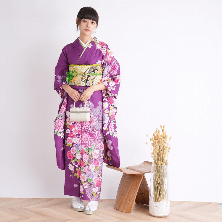 レンタル 振袖 成人式 21点セット レトロ 結婚式 結納 前撮り 平成レトロ 成人式セット 花 紫系 ワントーン 菊