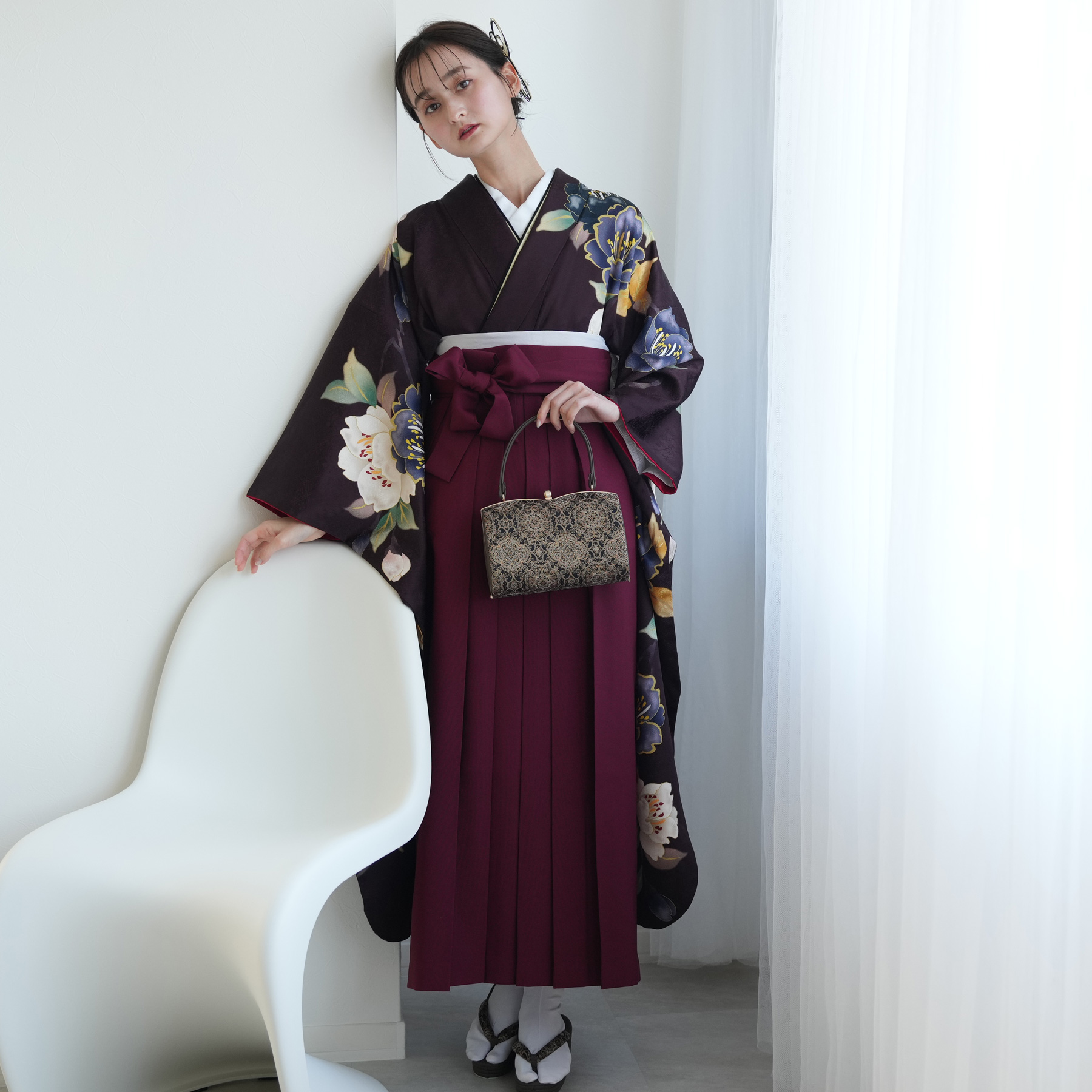 袴 レンタル 卒業式 18点セット 紫紺にレトロ八重桜 正絹 振袖 着物