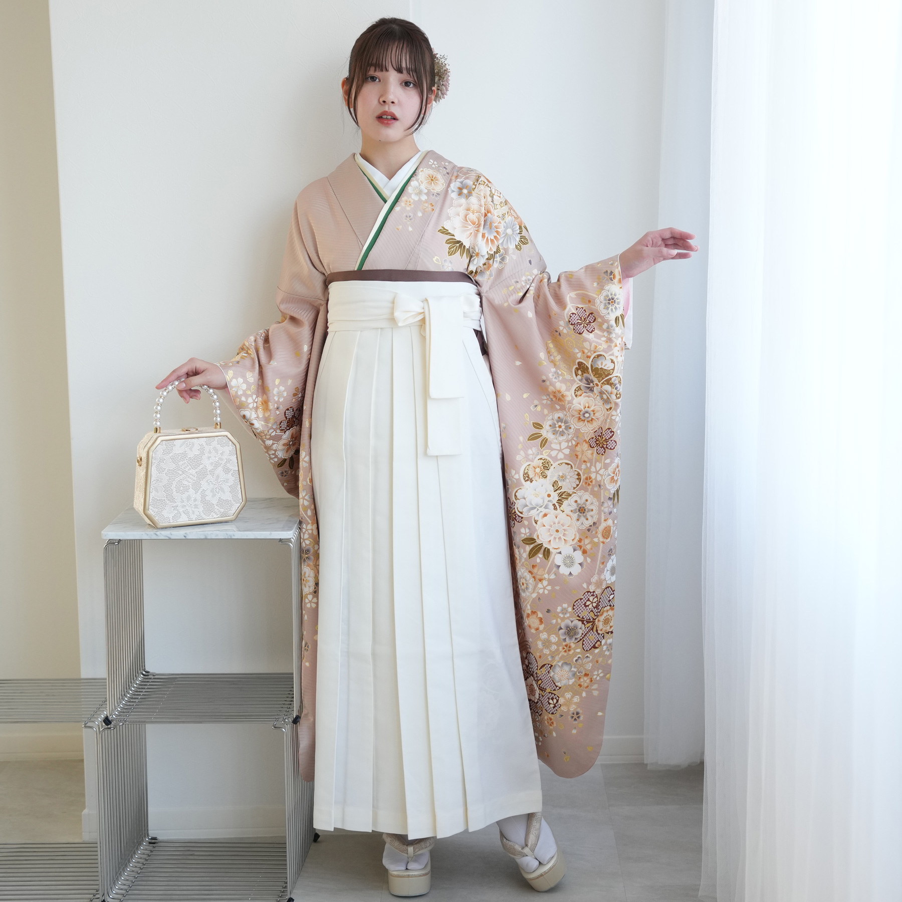 袴 レンタル 卒業式 18点セット くすみピンクに舞う桜と牡丹 正絹 振袖 