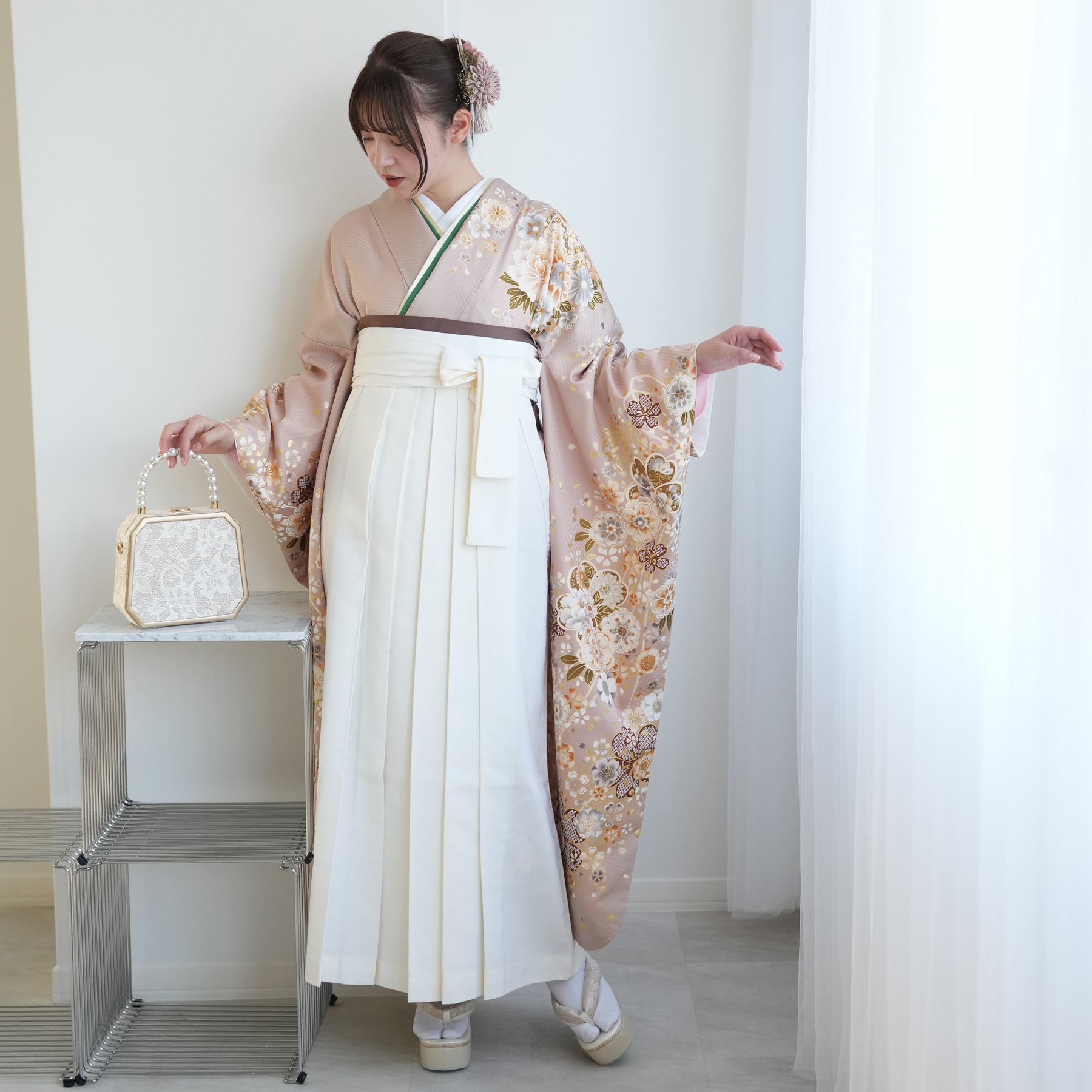 袴 レンタル 卒業式 18点セット くすみピンクに舞う桜と牡丹 正絹 振袖
