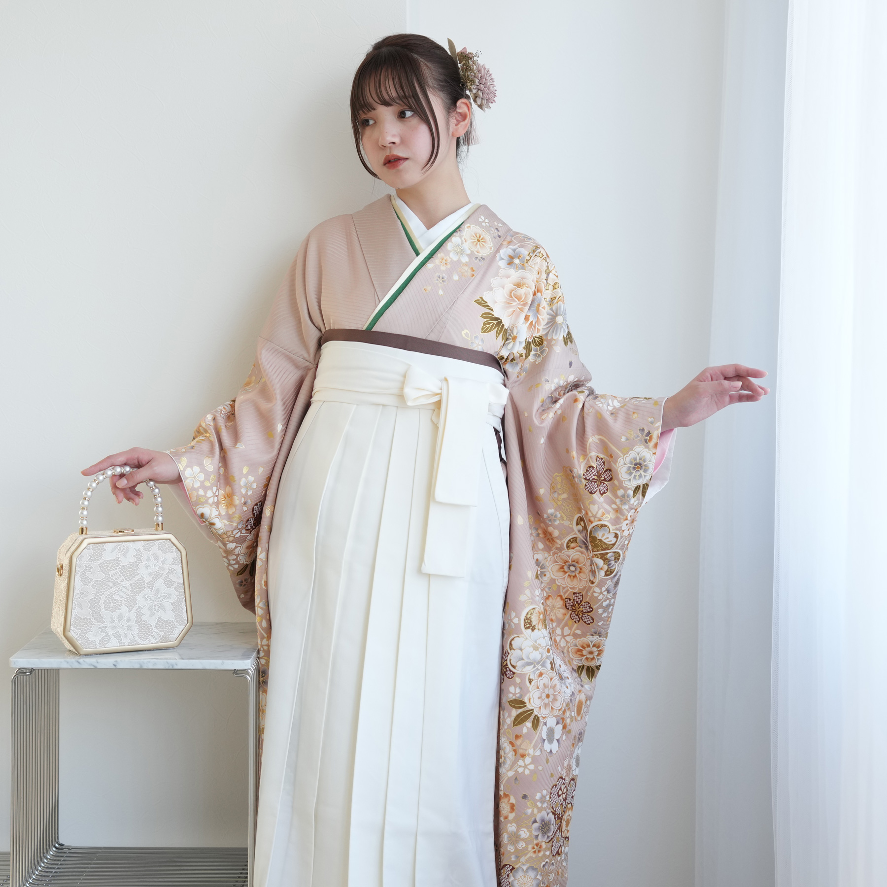 袴 レンタル 卒業式 18点セット くすみピンクに舞う桜と牡丹 正絹 振袖 