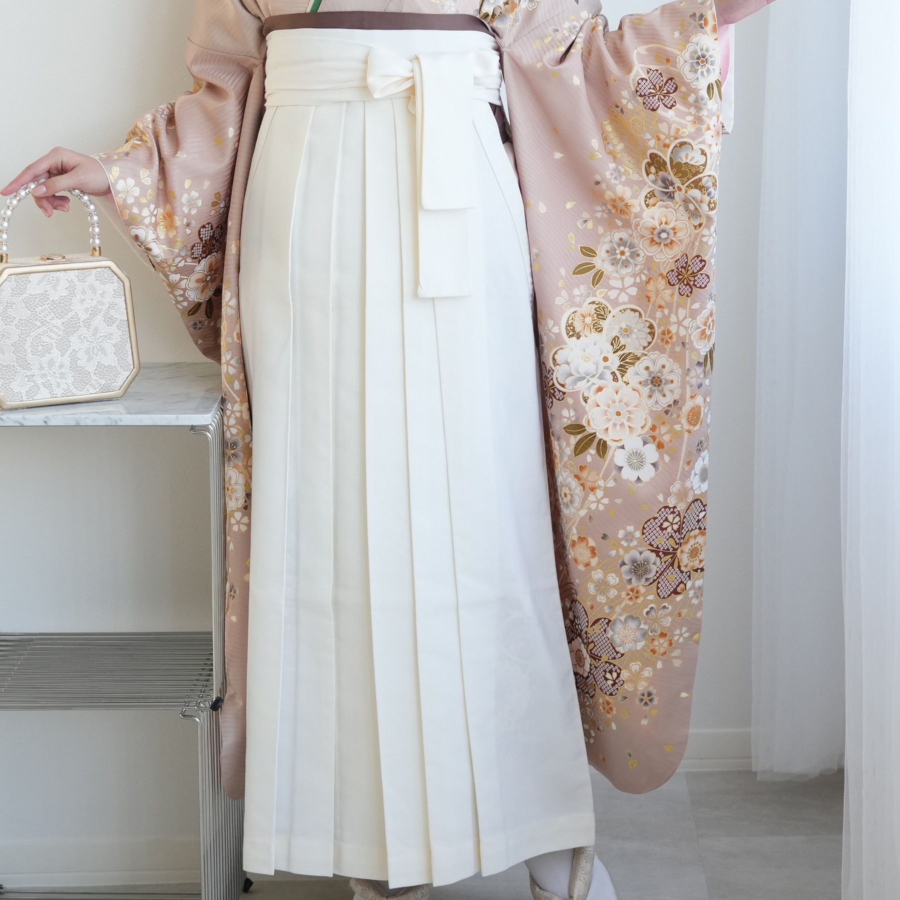 袴 レンタル 卒業式 18点セット くすみピンクに舞う桜と牡丹 正絹 振袖 