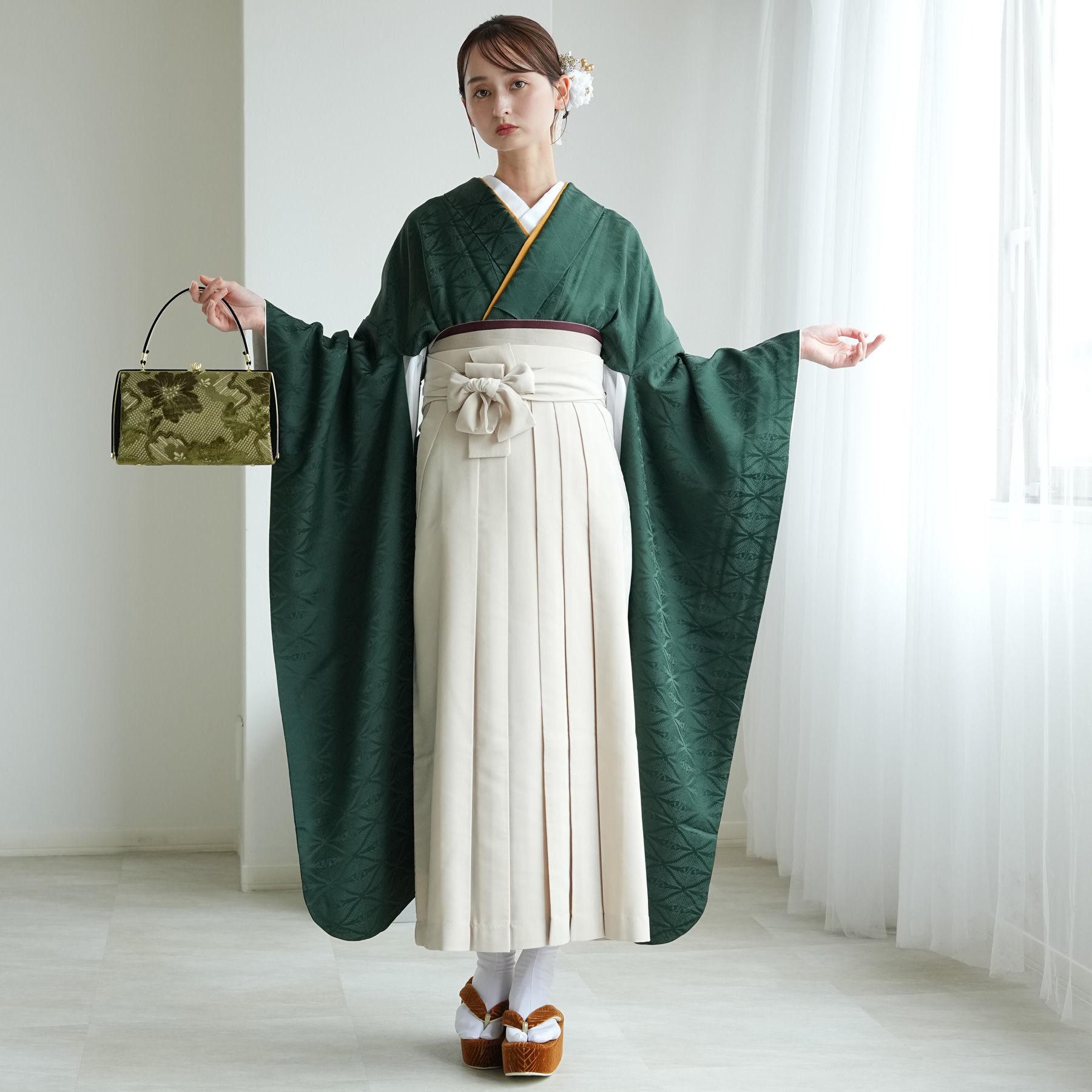 袴 レンタル 卒業式 18点セット 暗緑の鶴菱...の詳細画像3
