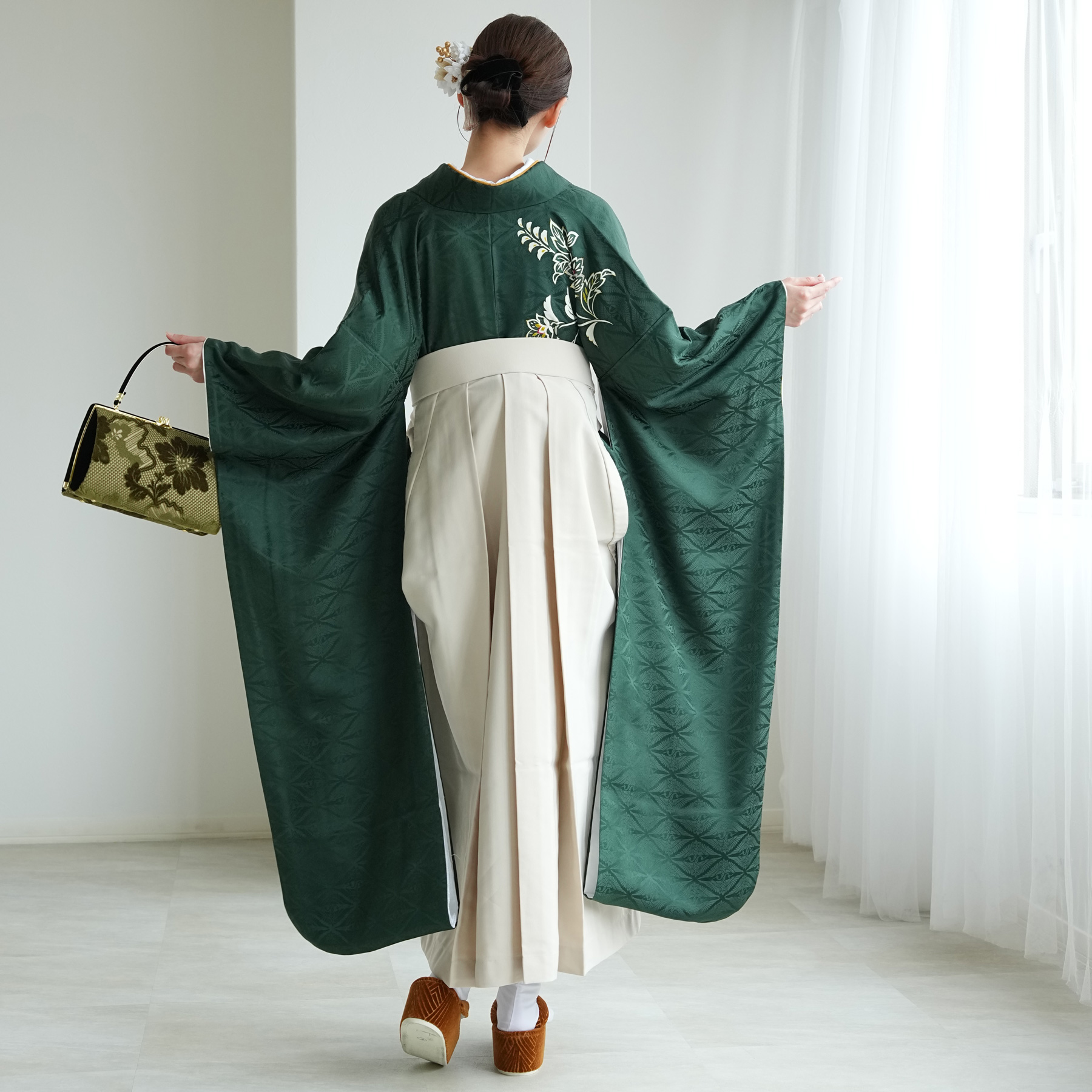 袴 レンタル 卒業式 18点セット 暗緑の鶴菱...の詳細画像5
