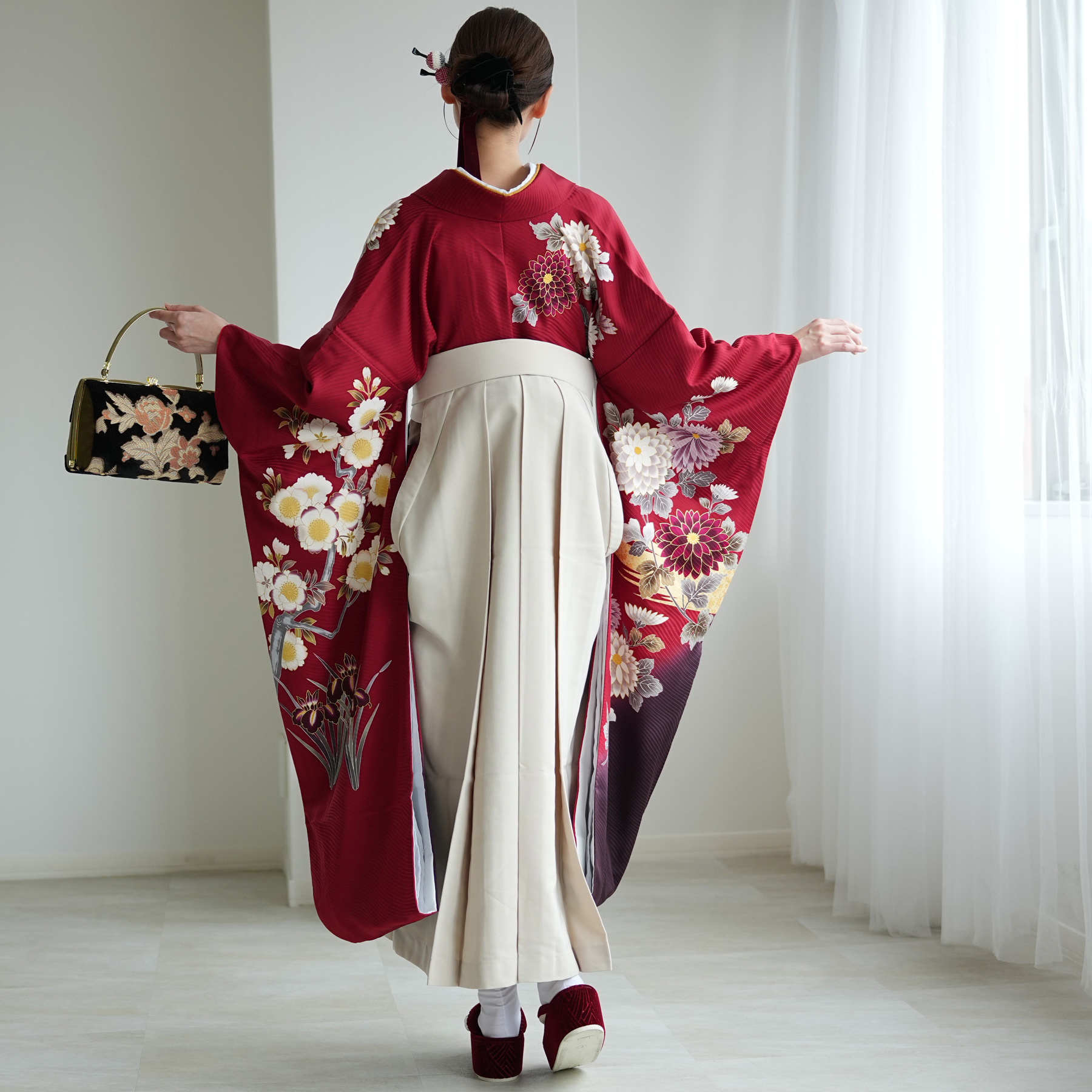 袴 レンタル 卒業式 18点セット 赤と紫のぼかしに八重桜 正絹振袖