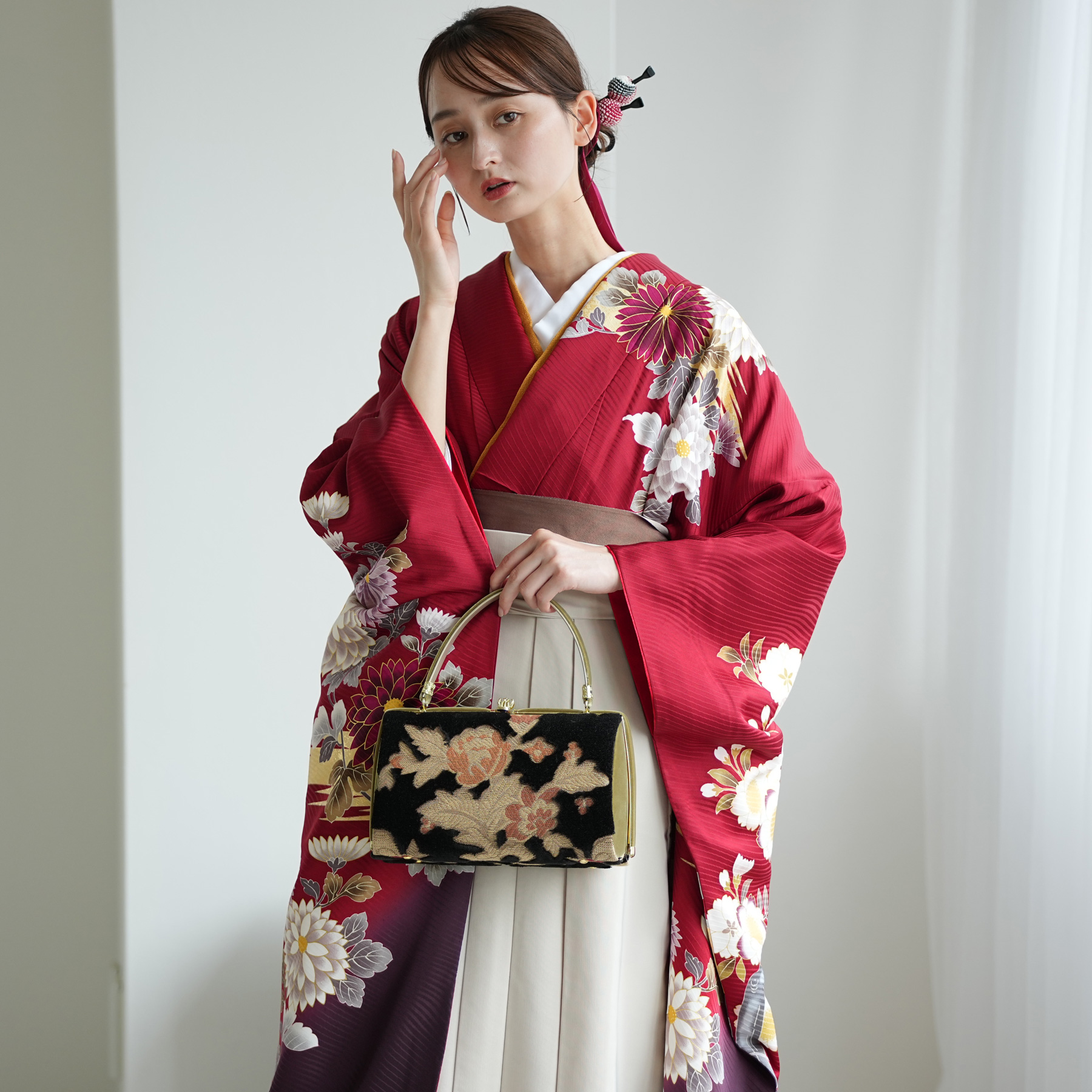 袴 レンタル 卒業式 18点セット 赤と紫のぼかしに八重桜 正絹振袖