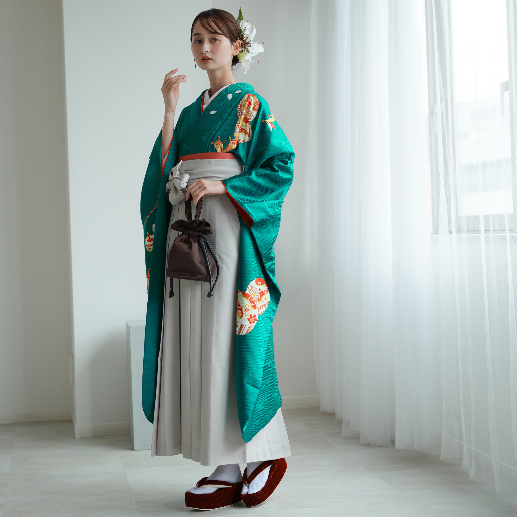 袴 レンタル 卒業式 18点セット ターコイズグリーン宝尽くし 正絹振袖