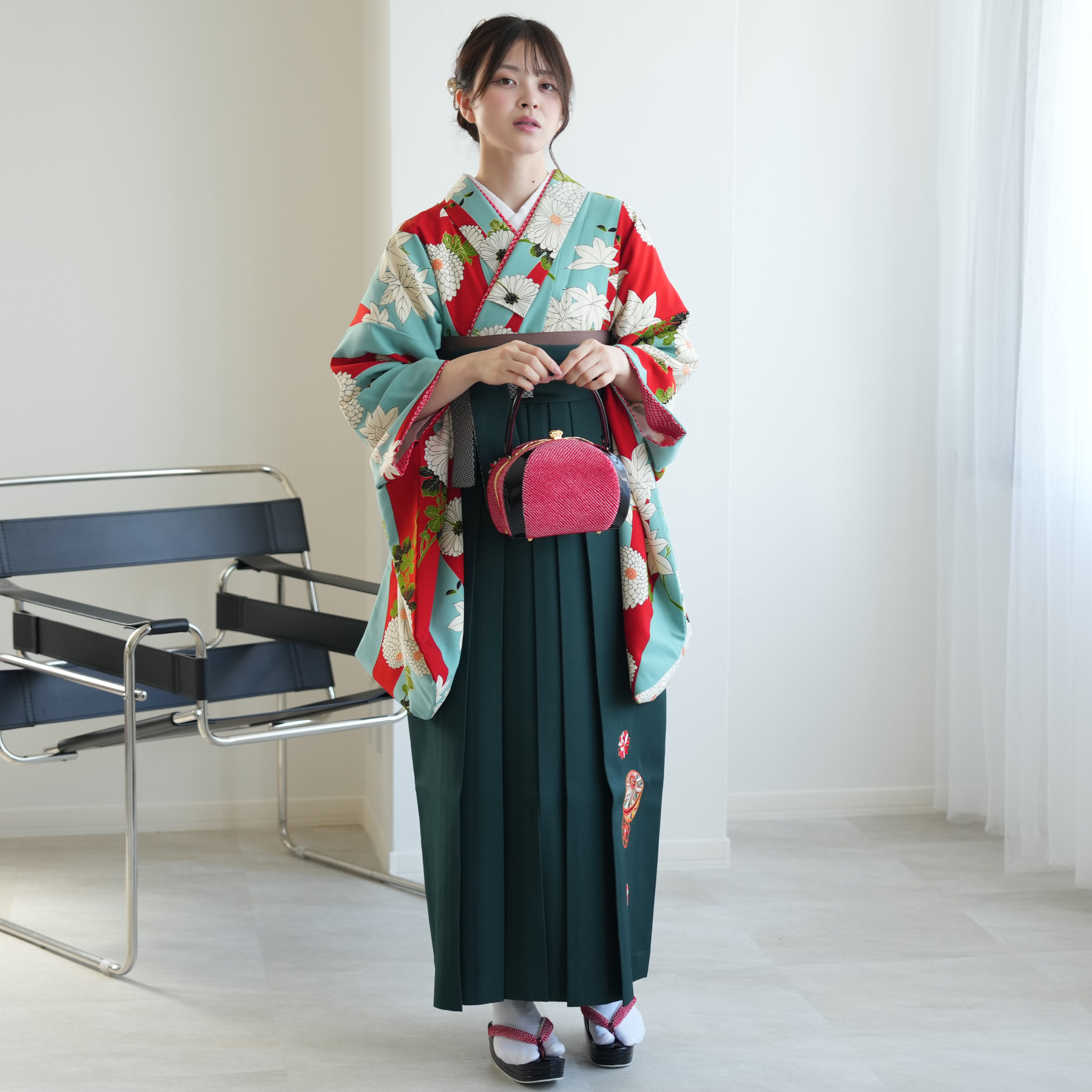 2尺袖 ブランド 九重 ポリエステル着物 袴用 モダン 袴 レンタル 卒業式 2尺袖着物 17点セット 九重 レトロ モダン