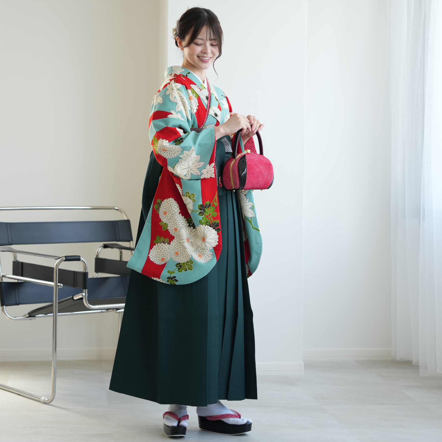 2尺袖着物 袴向き モダン ダマスク柄 ポリエステル 躾糸付き 卒業式などにも 袴 レンタル 卒業式 2尺袖着物 17点セット 九重 レトロ モダン