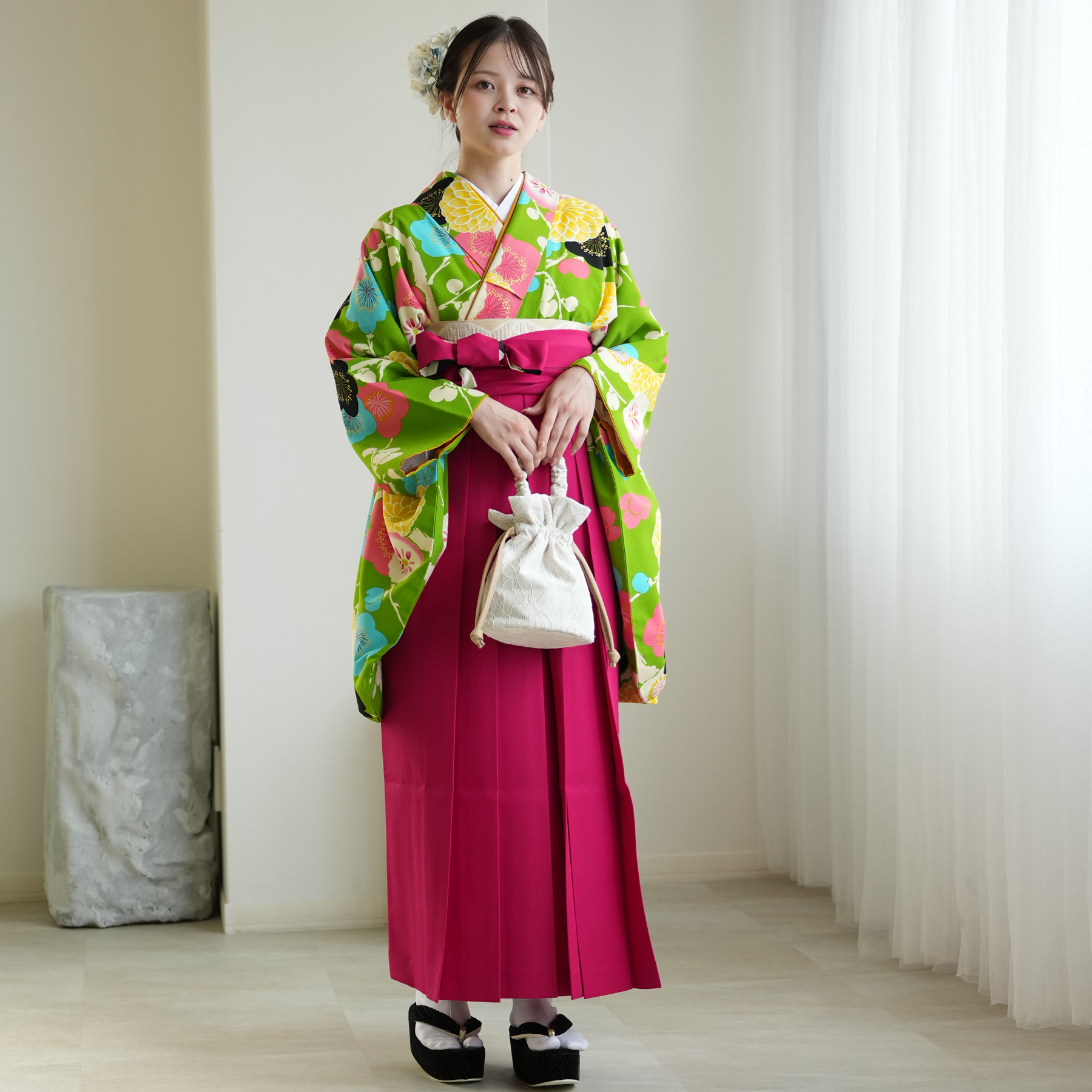 袴 レンタル 卒業式 二尺袖着物 17点セット 紅一点 レトロ 袴セット 菊 