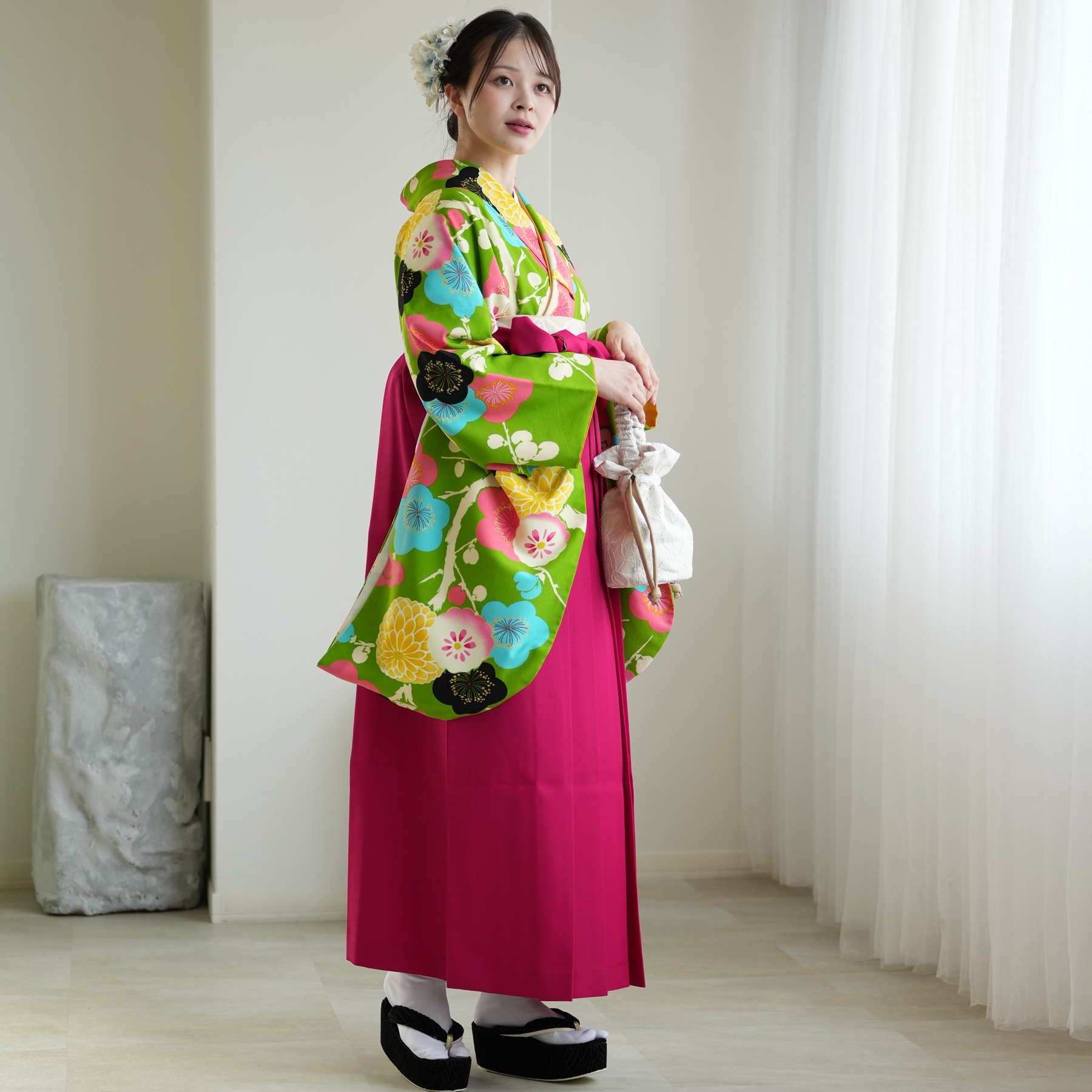 袴 レンタル 卒業式 二尺袖着物 17点セット 紅一点 レトロ 袴セット 菊 