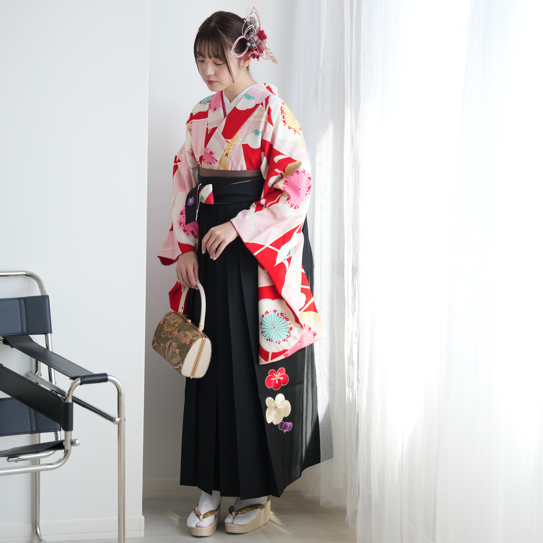 袴 レンタル 卒業式 2尺袖着物 17点セット 紅一点 レトロ 袴セット 梅