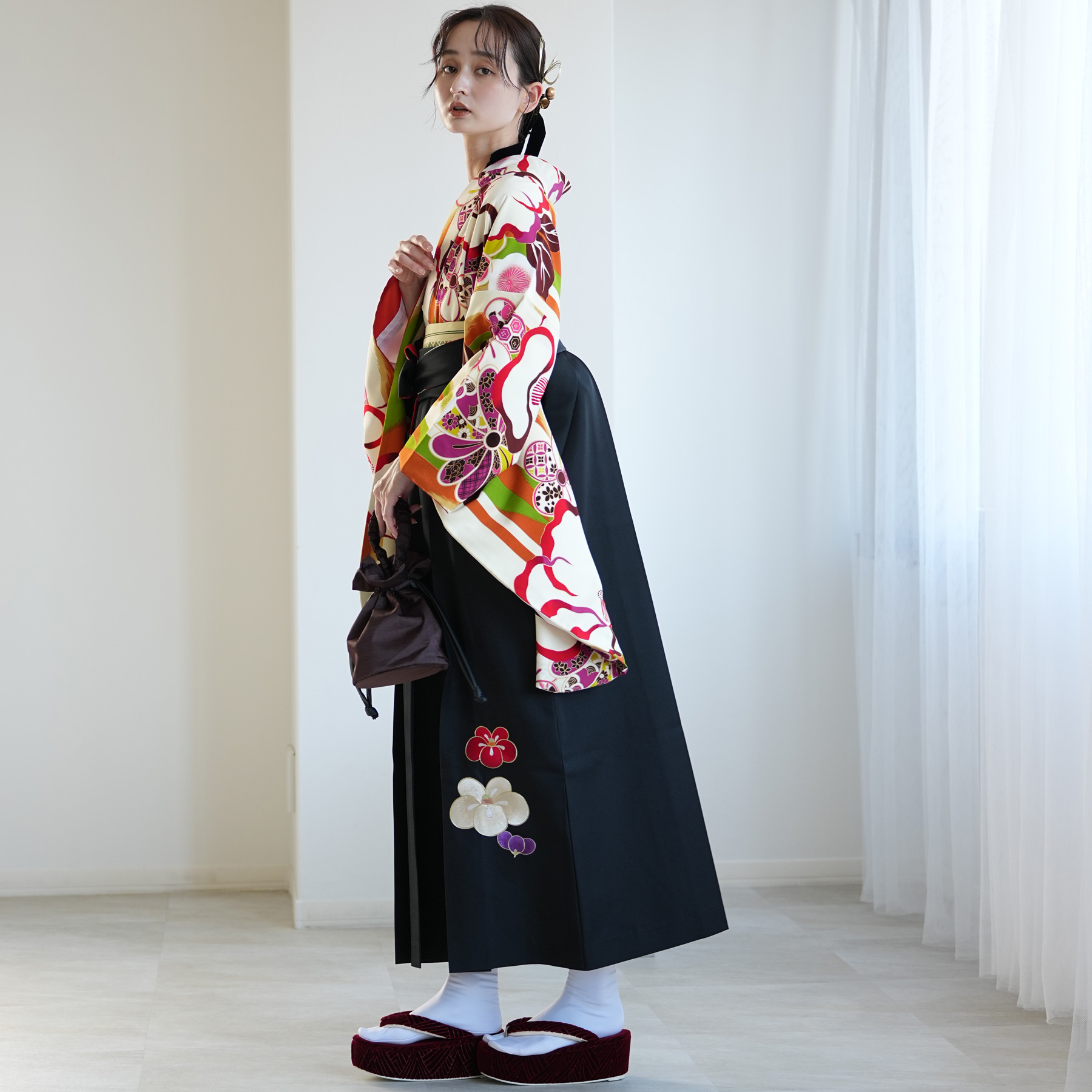 袴 レンタル 卒業式 2尺袖着物 17点セット 紅一点 レトロモダン系 袴