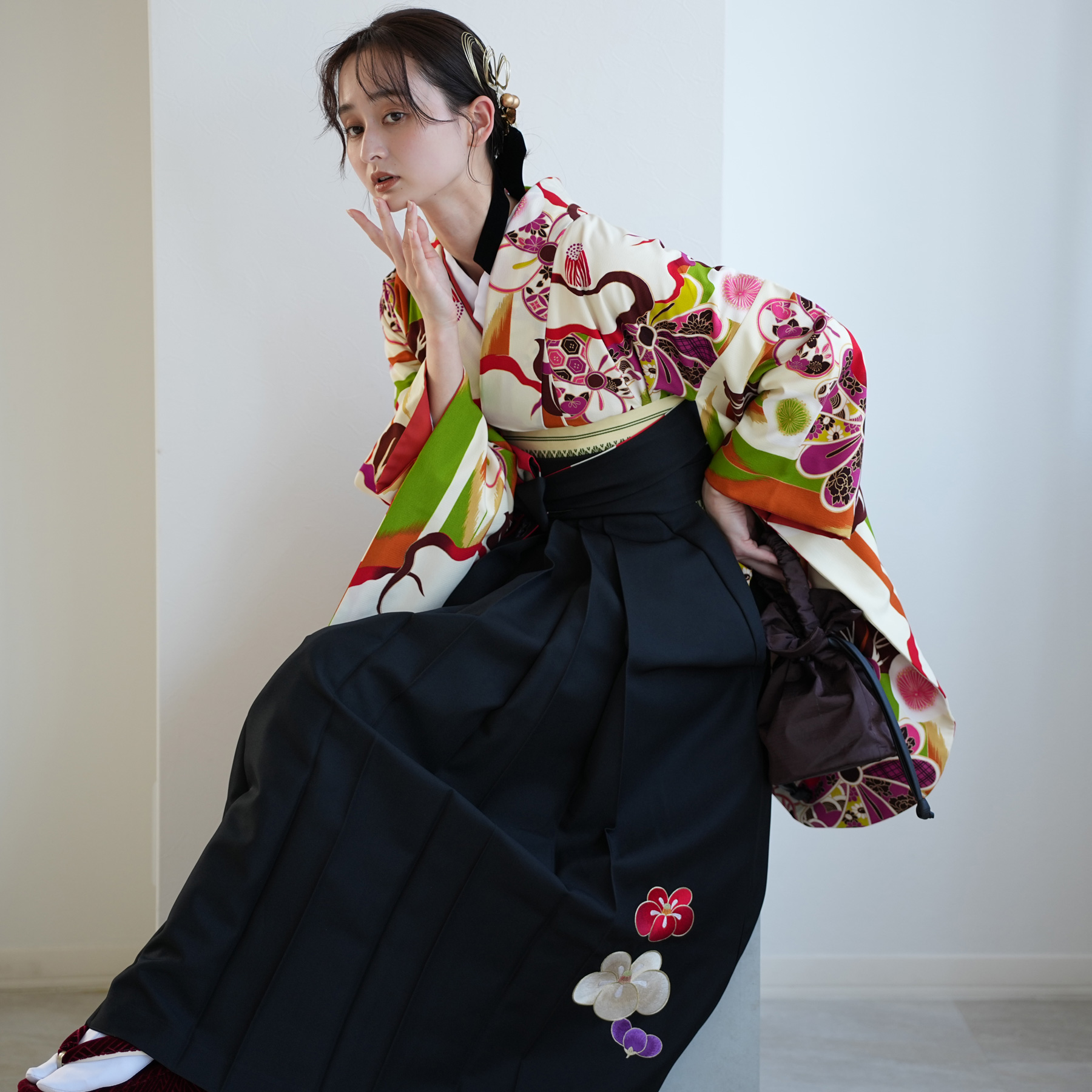 袴 レンタル 卒業式 2尺袖着物 17点セット 紅一点 レトロモダン系 袴