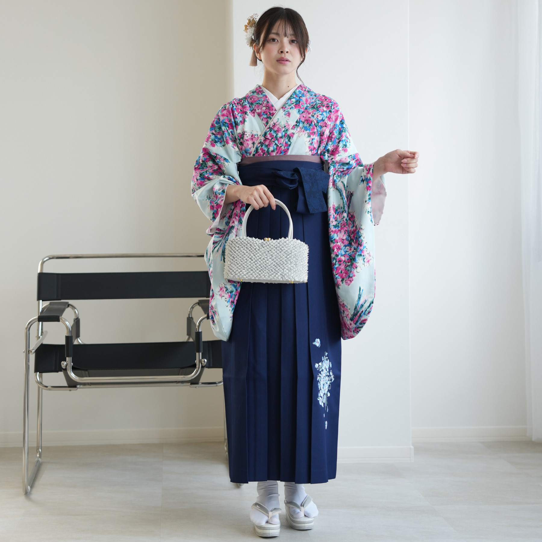 2尺袖 ブランド ポリエステル着物 JILL STUART袴用 躾糸付き 袴 レンタル 卒業式 JILLSTUART 17点セット オフホワイトにクチナシ 二