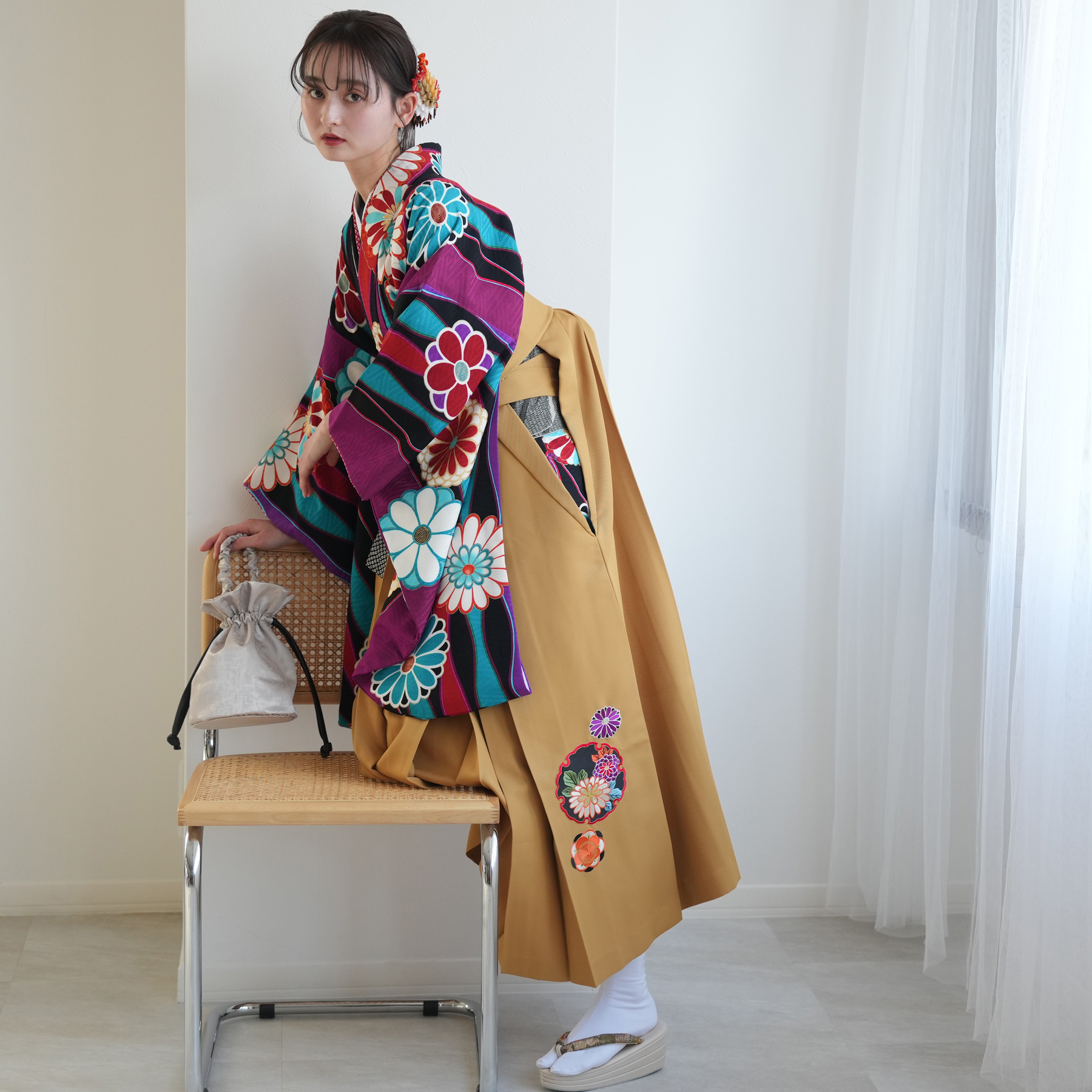 袴 レンタル 卒業式 2尺袖着物 17点セット 九重 レトロ 袴セット 菊 赤