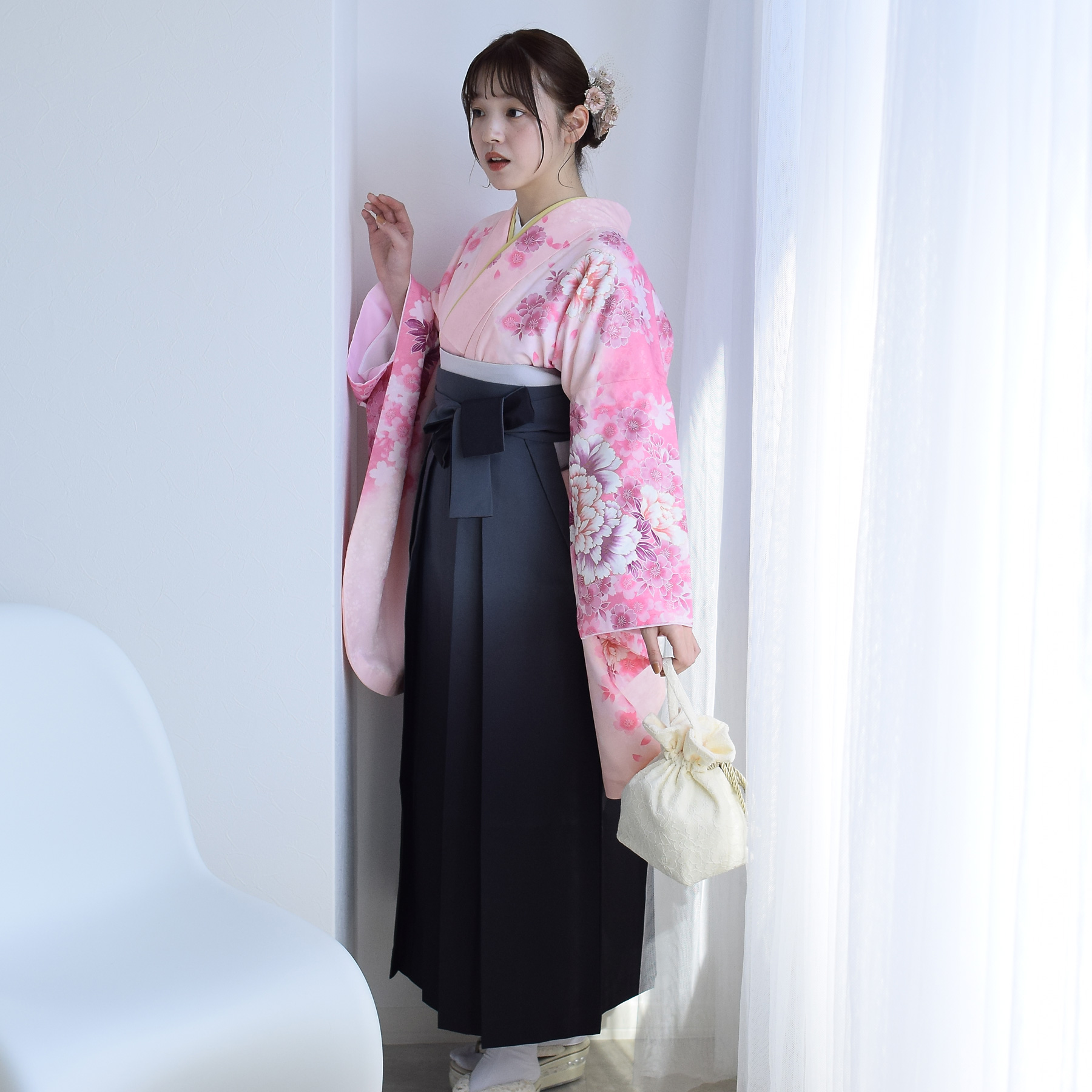 新品【ピンクのアネモネ】着物＆袴セット 卒業式 二尺袖着物 袴 卒業式 LL h6547】【レンタル】二尺袖きもの 2点セット (二尺袖 / 長襦袢) 袴