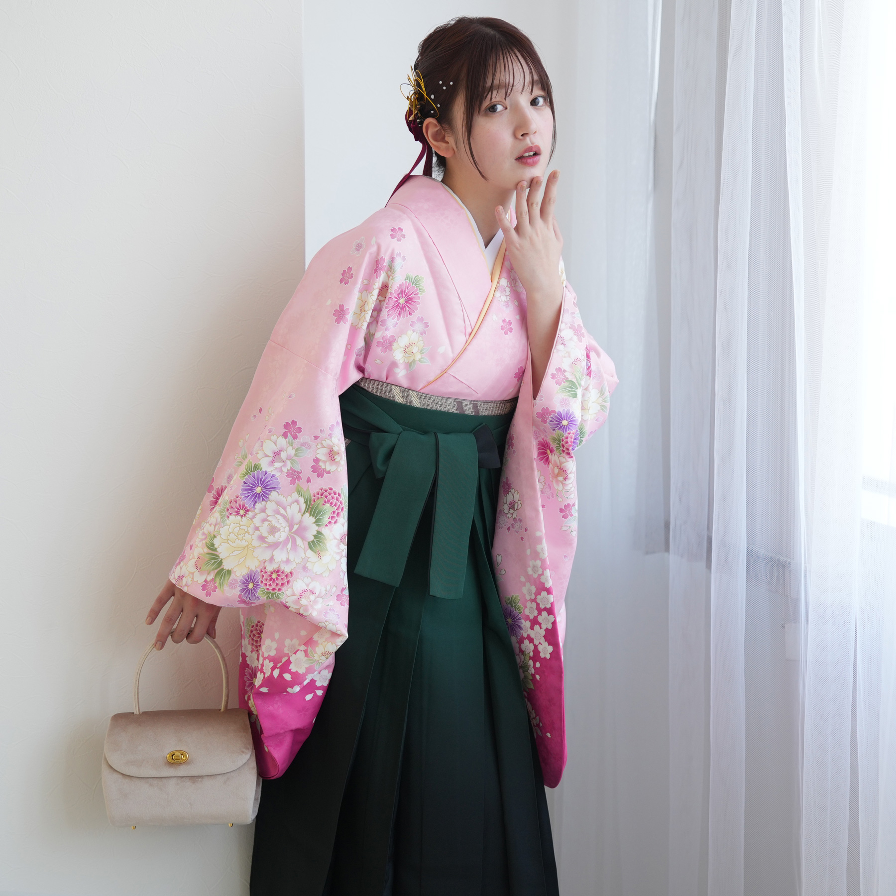 2尺袖 ポリエステル着物 牡丹 桜 袴用 袴 レンタル 卒業式 2尺袖