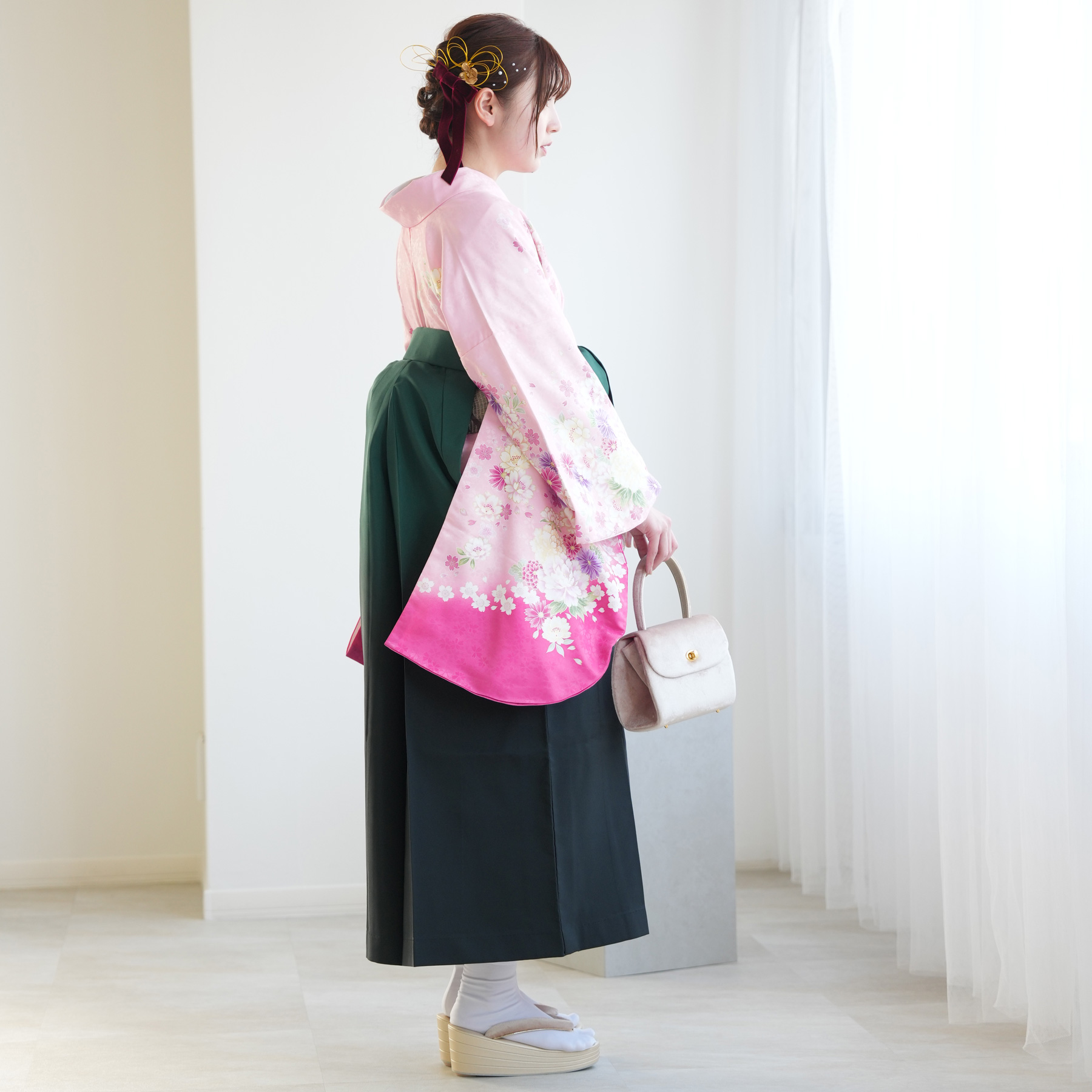 袴 レンタル 卒業式 2尺袖着物 17点セット レトロ 袴セット 牡丹