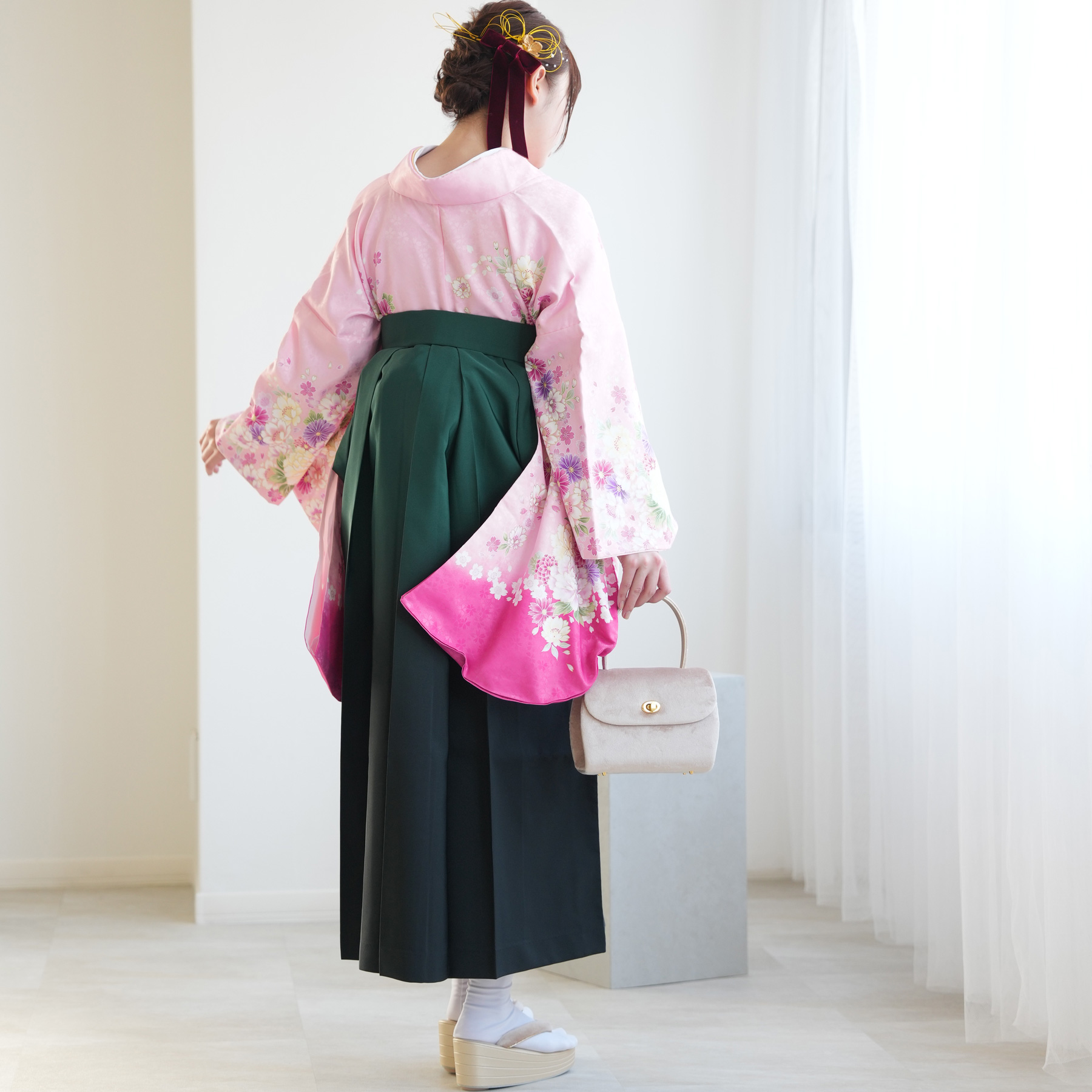 袴 レンタル 卒業式 2尺袖着物 17点セット レトロ 袴セット 牡丹