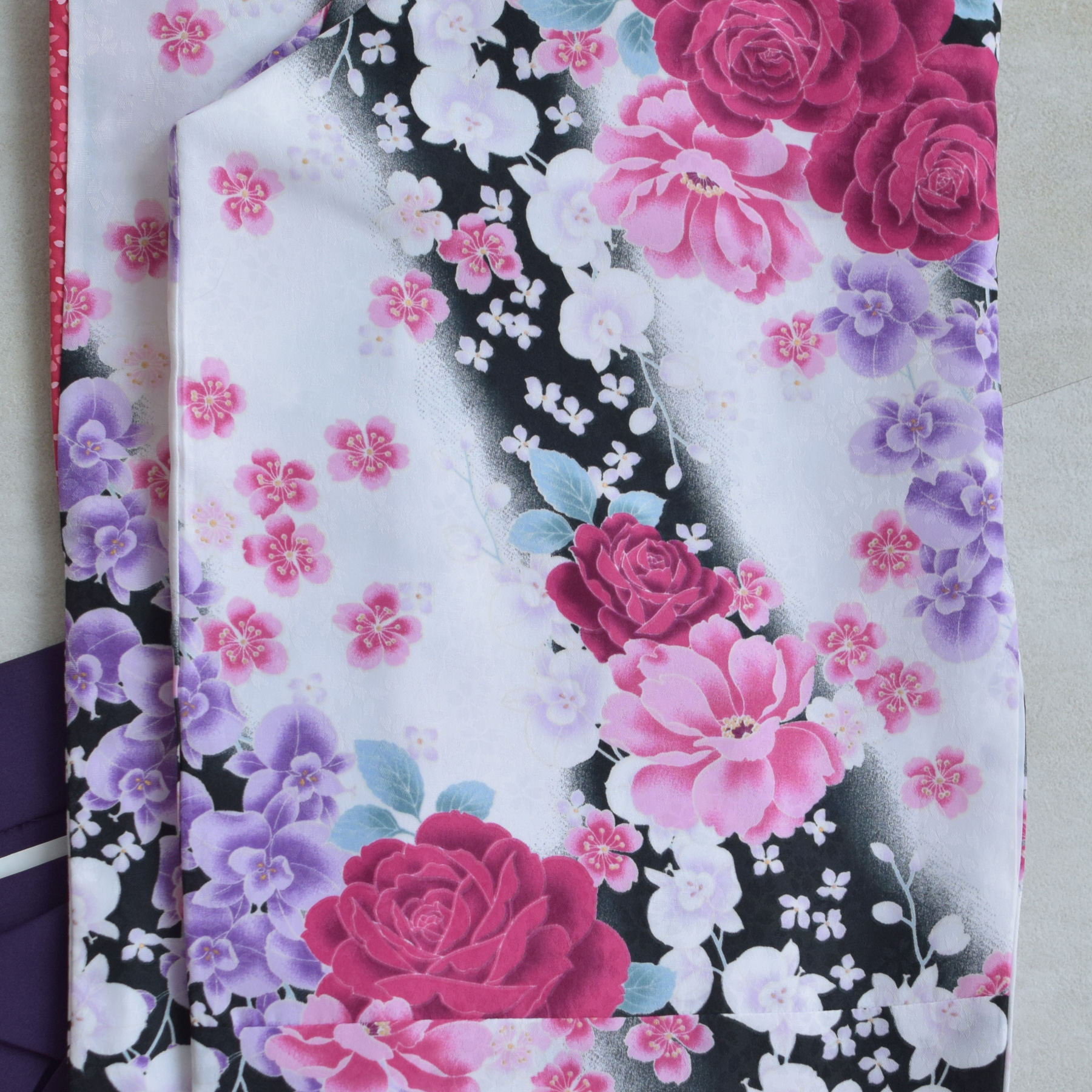 ピンクの蘭花柄二尺袖 卒業式セット