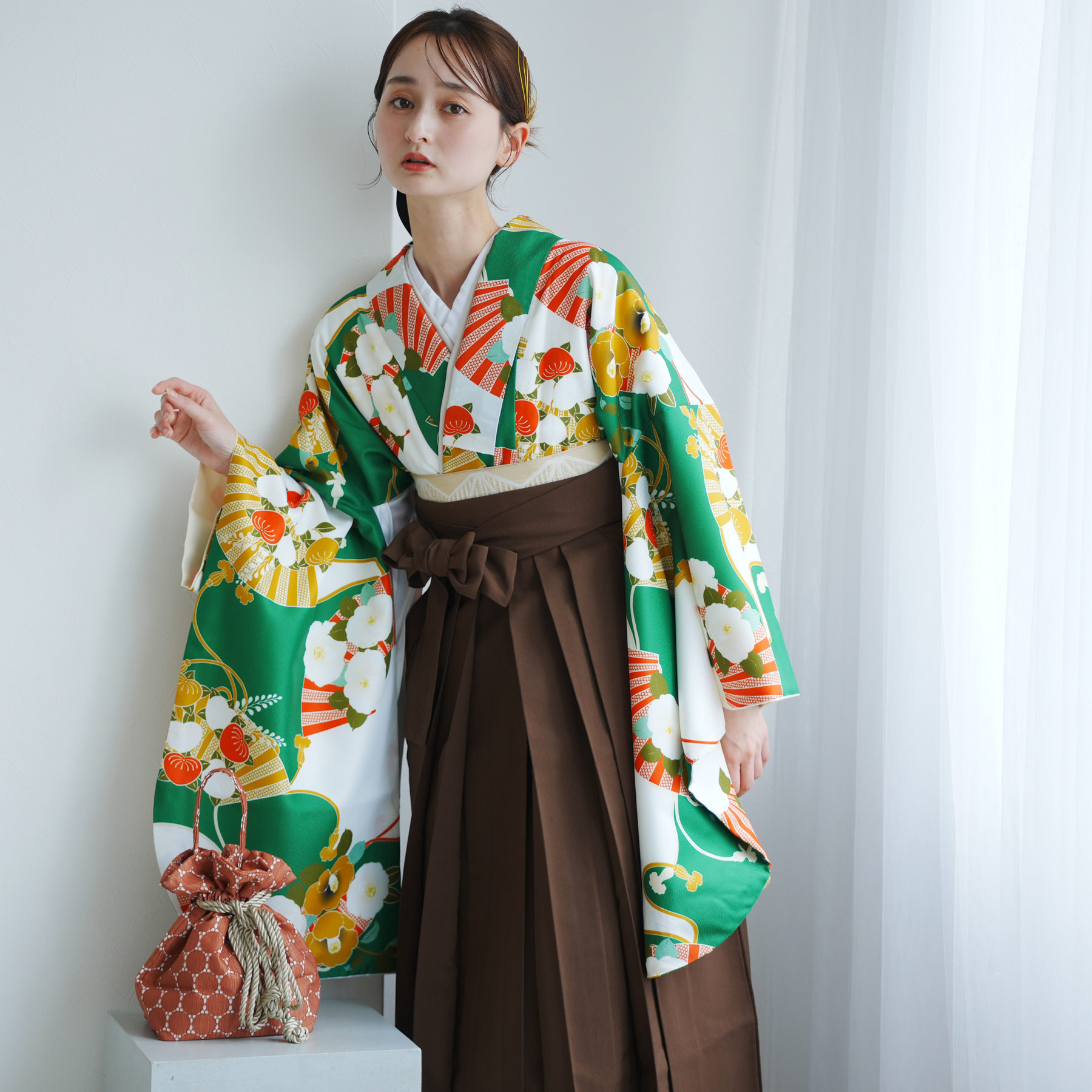 袴 レンタル 卒業式 2尺袖着物 17点セット レトロ 袴セット 扇 緑系