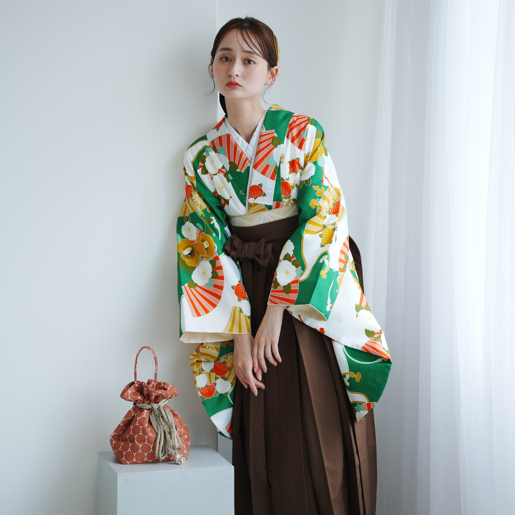 卒業式 袴 レンタル 女 袴セット 女 卒業式袴セット2尺袖着物＆袴 フルセットレンタル 緑 グリーン 袴 レンタル 卒業式 2尺袖着物 17点セット レトロ 袴セット 扇 緑系