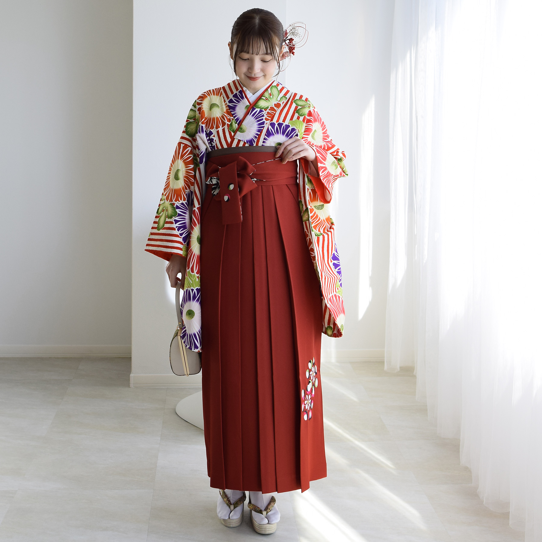 袴 レンタル 卒業式 2尺袖着物 17点セット 紅一点 レトロモダン系 袴