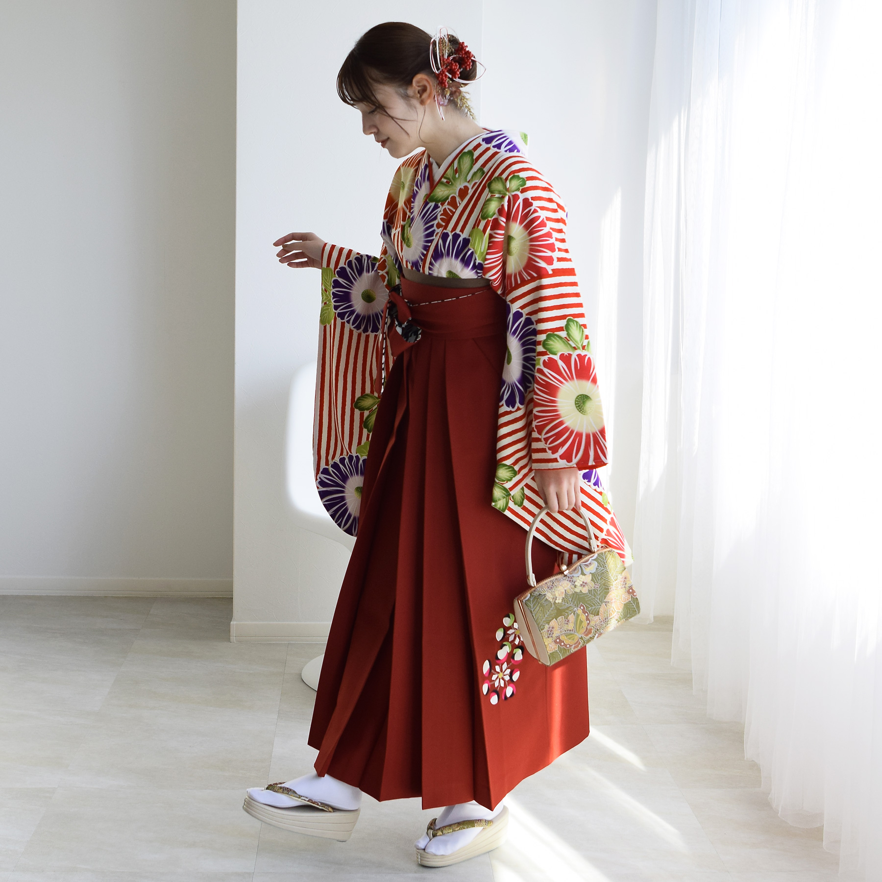 袴 レンタル 卒業式 2尺袖着物 17点セット 紅一点 レトロモダン系 袴