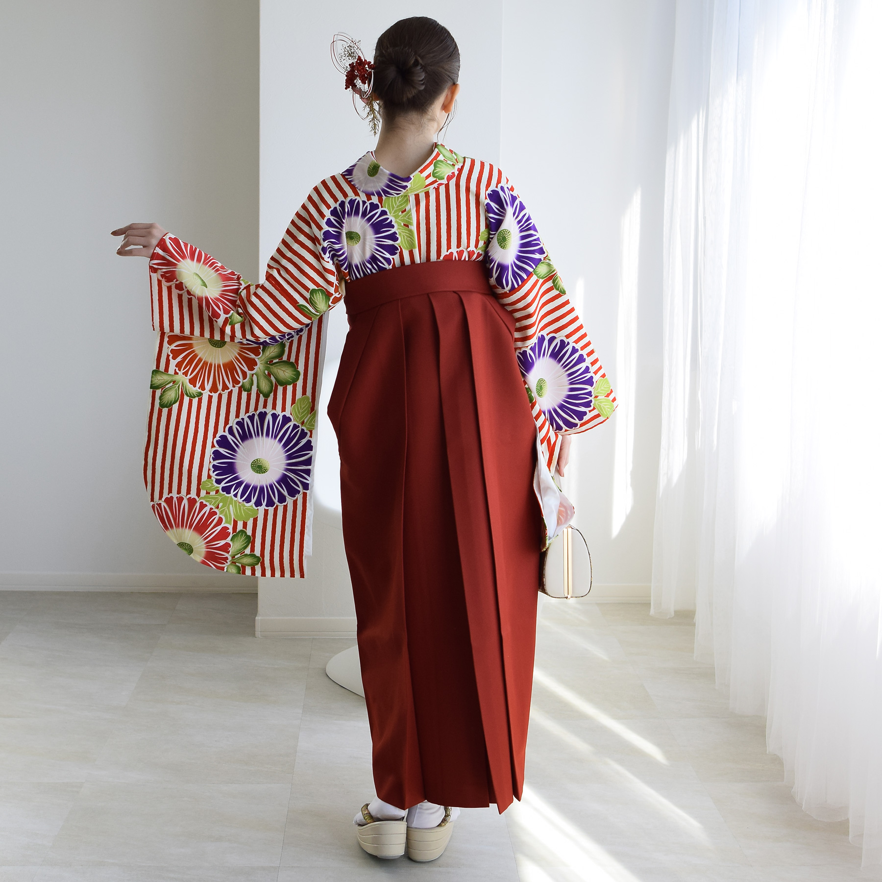 袴 レンタル 卒業式 2尺袖着物 17点セット 紅一点 レトロモダン系 袴 