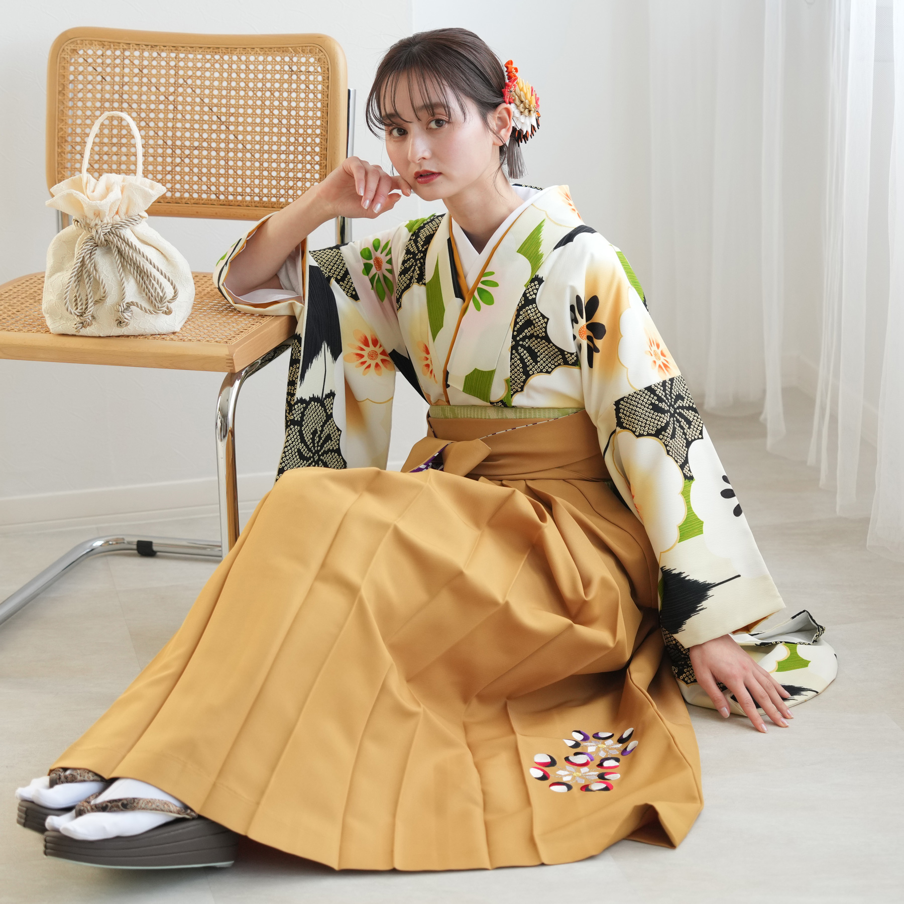 卒業式　袴　簡易　160 二尺袖 袴 レンタル 卒業式 2尺袖着物 17点セット 紅一点 レトロ モダン