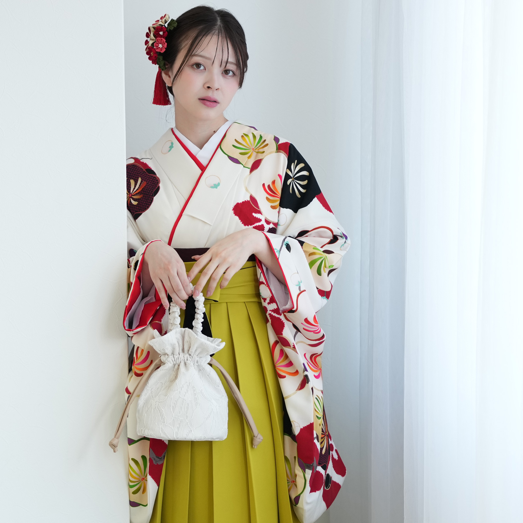 二尺袖 着物 袴フルセット 紅一点 ショート丈 袴変更可能 NO34488 袴 レンタル 卒業式 2尺袖着物 17点セット 紅一点 レトロモダン系 袴