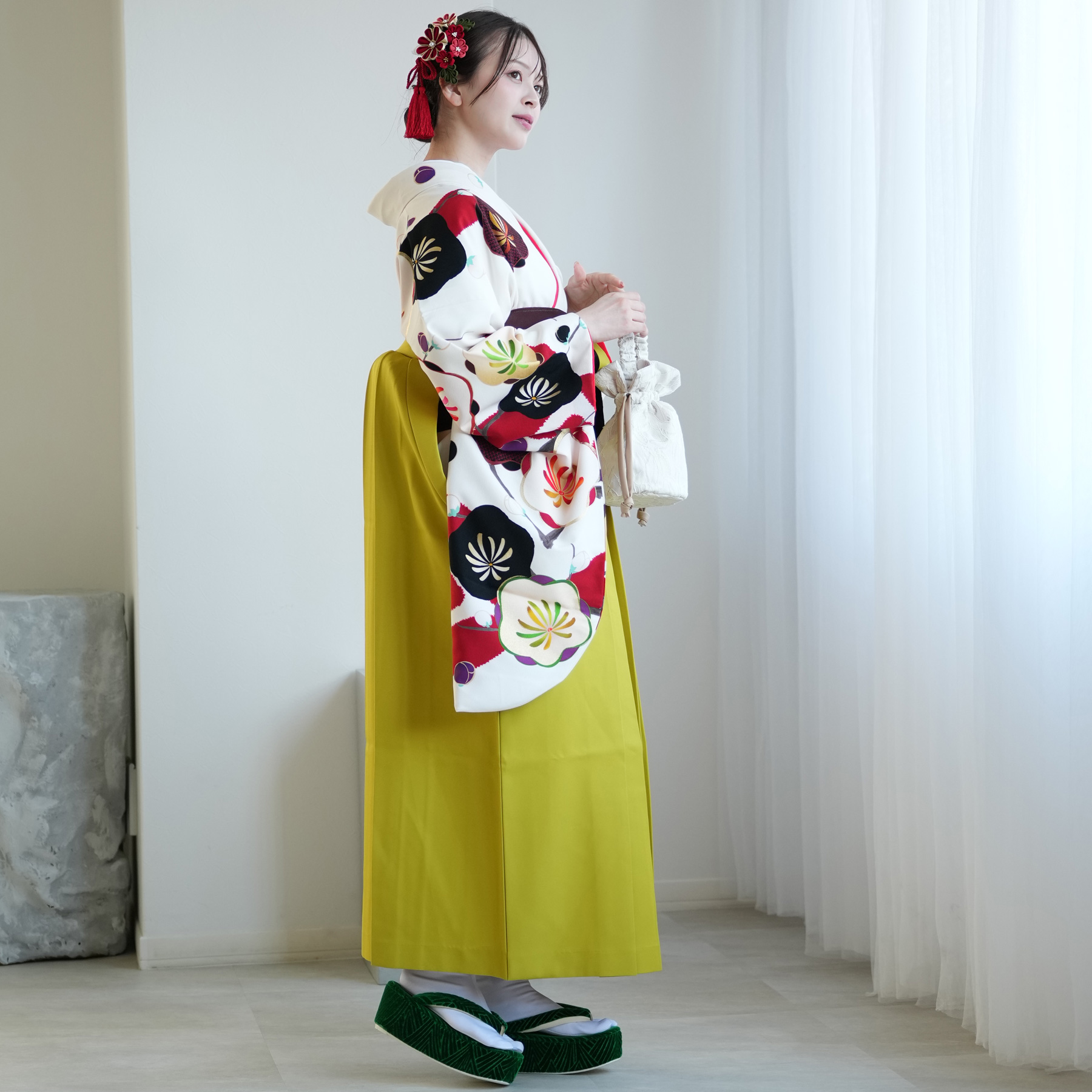 二尺袖 着物 袴フルセット 紅一点 ショート丈 袴変更可能 NO34488 袴 レンタル 卒業式 二尺袖着物 17点セット 紅一点 レトロ 大学生 袴