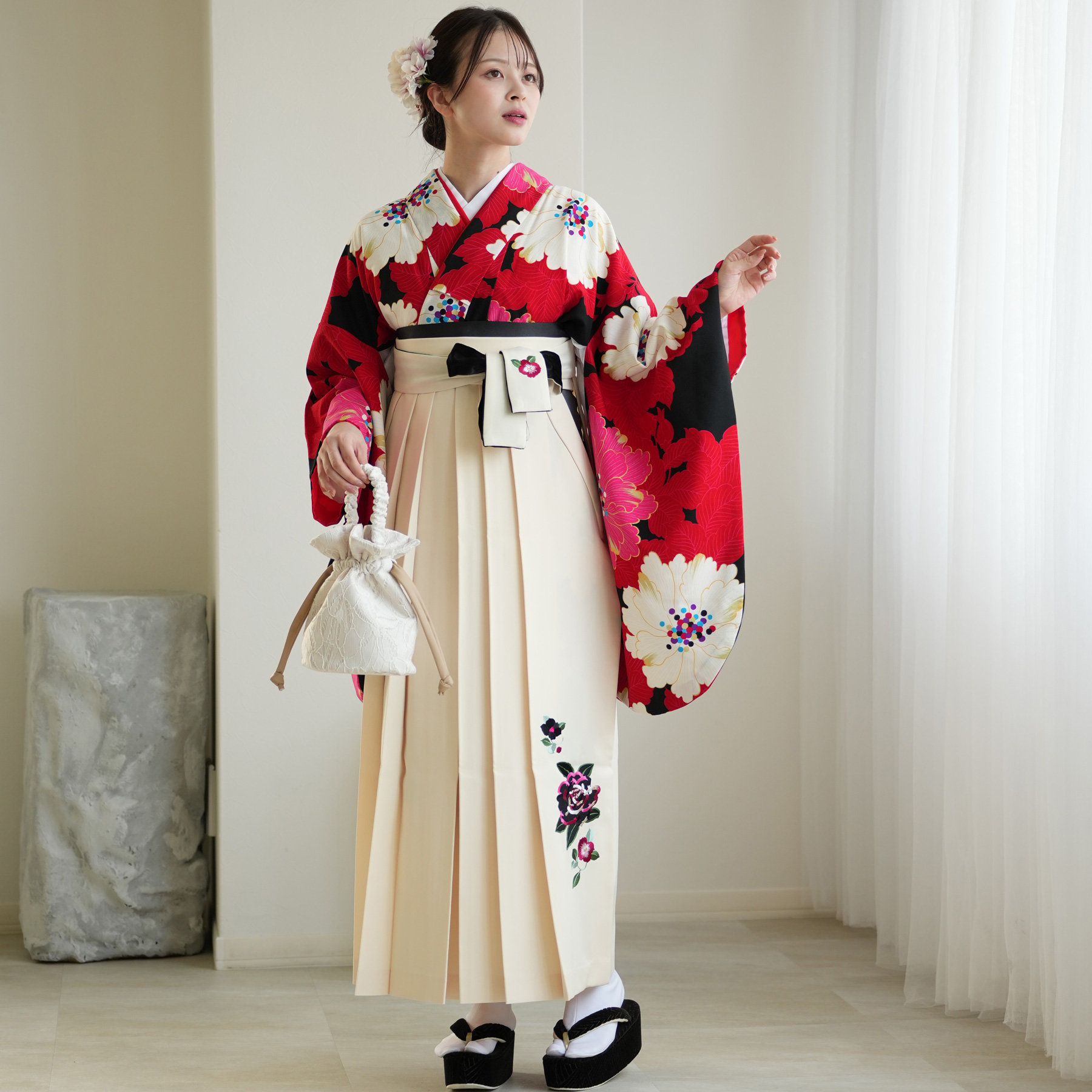 袴 レンタル 卒業式 二尺袖着物 17点セット 紅一点 レトロ 大学生 袴