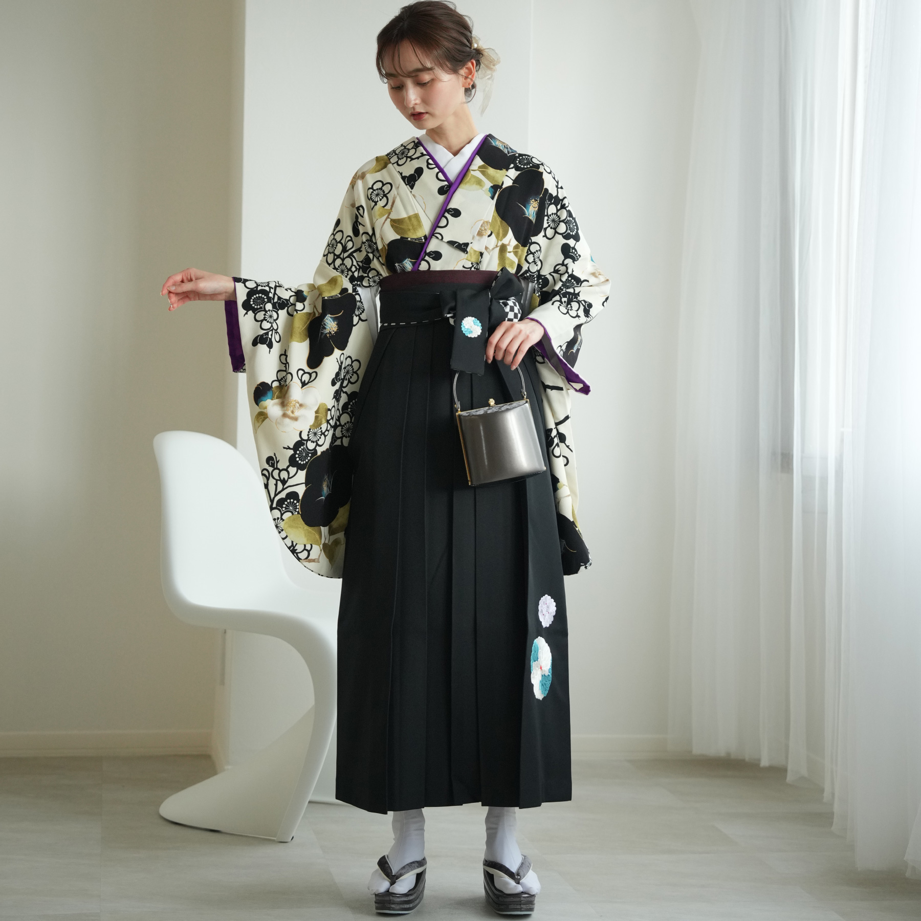 2尺袖 ポリエステル着物 袴用 異素材 モダン 蔓花文様 2尺袖 ポリエステル着物 袴用 異素材 モダン 蔓花文様