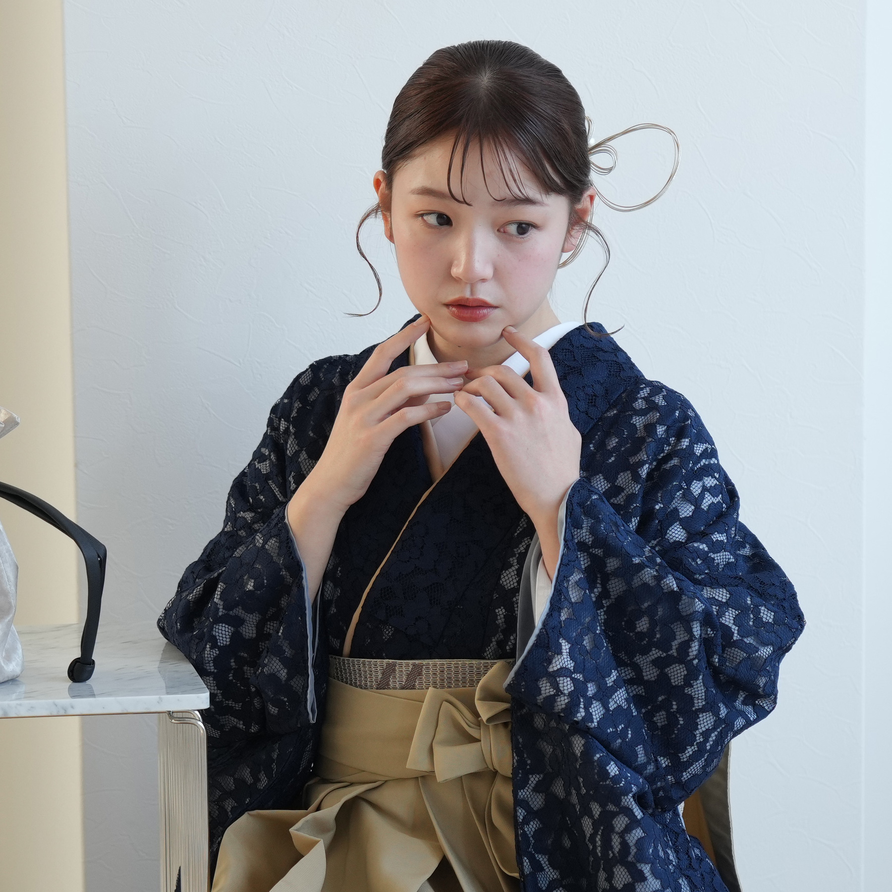 二尺袖 袴フルセット レース着物 レース紐袴 ショート 紺 NO36274-4 袴 レンタル 卒業式 2尺袖着物 17点セット レトロ レース レース着物