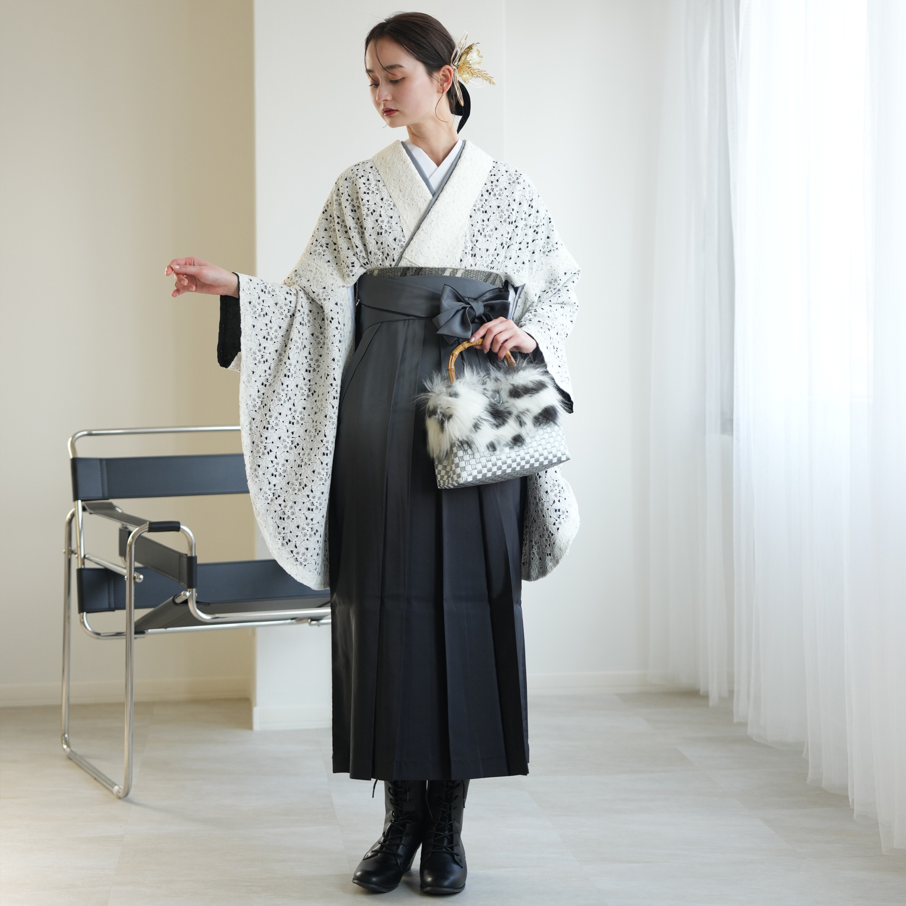 袴 レンタル 卒業式 2尺袖着物 17点セット レトロ 袴セット 花 白系