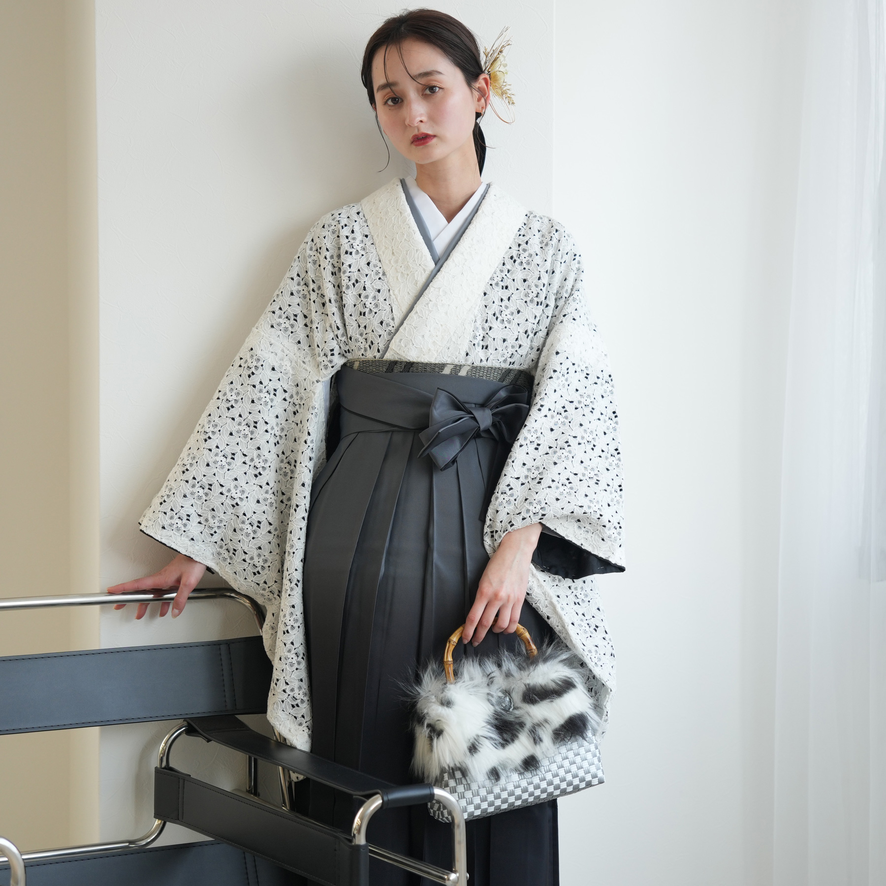 袴 レンタル 卒業式 2尺袖着物 17点セット レトロ 袴セット 花 白系 