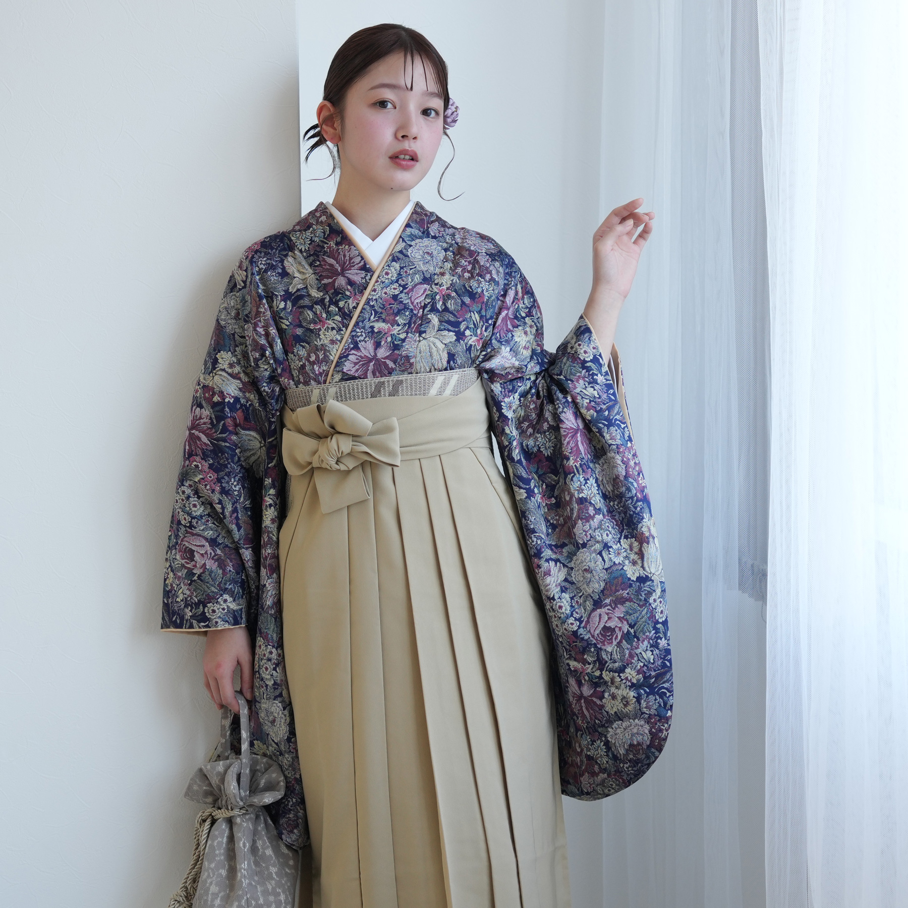 2尺袖着物 袴向き モダン ダマスク柄 ポリエステル 躾糸付き 卒業式などに 袴 レンタル 卒業式 2尺袖着物 17点セット レトロ モダン 袴