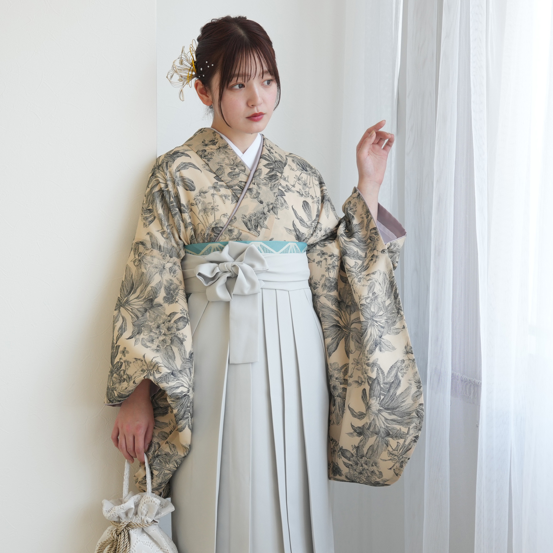 袴 レンタル 卒業式 2尺袖着物 17点セット レトロ モダン 袴セット 花 