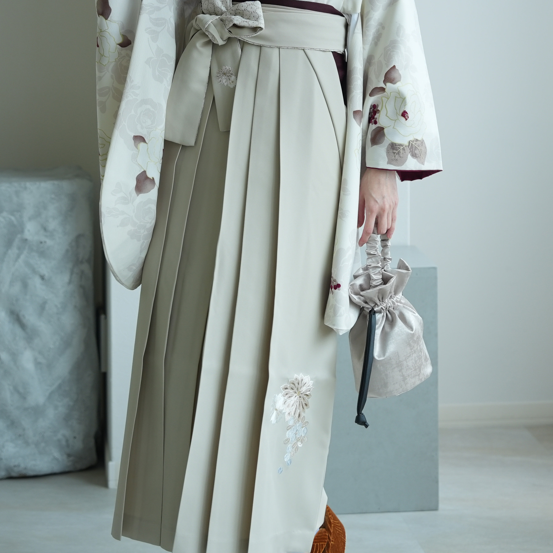 レトロ 袴ベージュ 袴 レンタル 卒業式 2尺袖着物 17点セット JAPAN STYLE