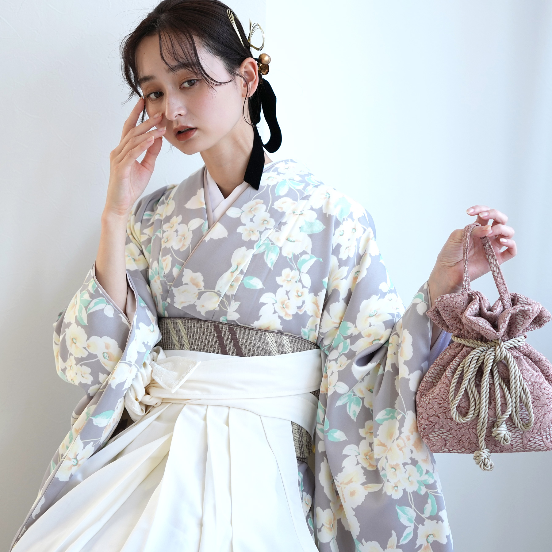 袴 レンタル 卒業式 2尺袖着物 17点セット かぷり レトロ 袴セット 花 