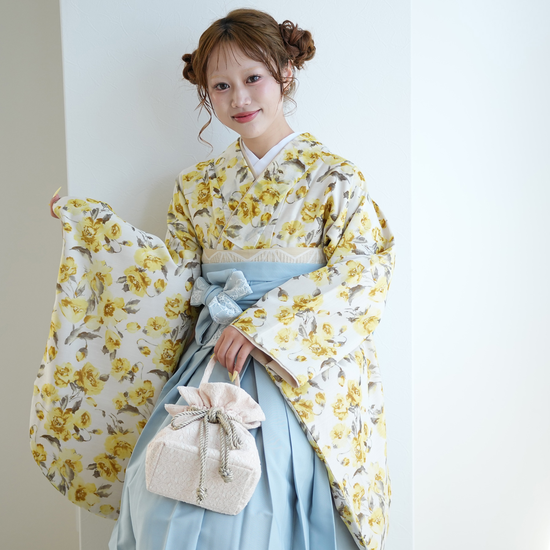 袴 レンタル 卒業式 2尺袖着物 袴 17点セット かぷり レトロ 袴セット 花 ベージュ系 黄色