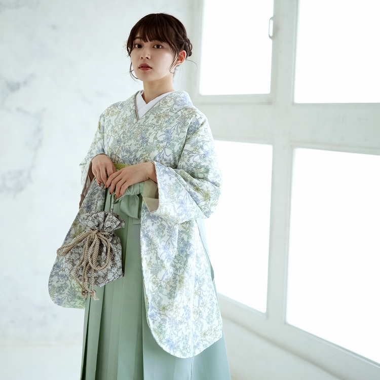 【ema.さま専用】 utatane 七五三 袴 くすみグリーンオフホワイト 袴 レンタル 卒業式 2尺袖着物 17点セット utatane レトロモダン 系 袴