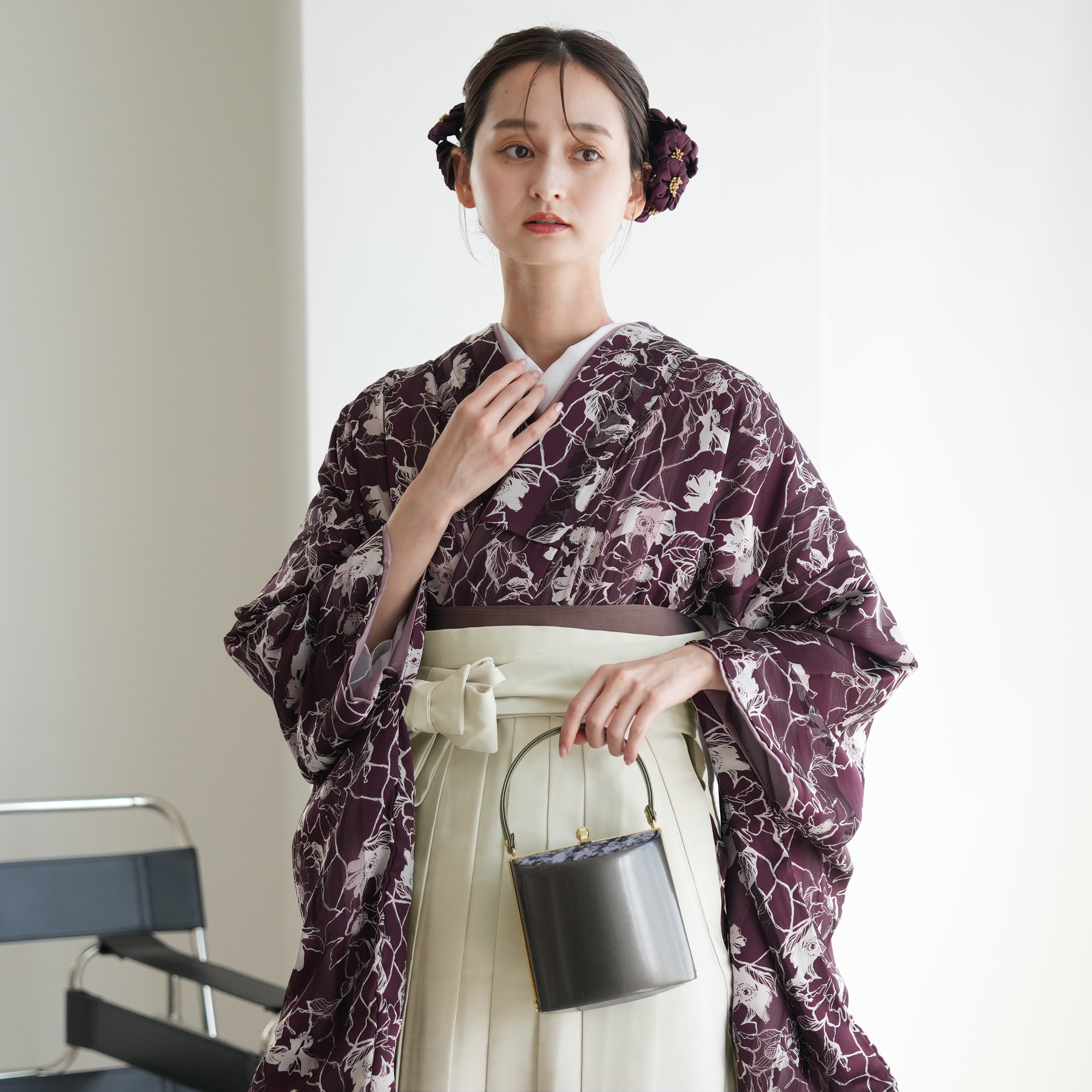 2尺袖着物 袴向き モダン ダマスク柄 ポリエステル 躾糸付き 卒業式などにも 袴 レンタル 卒業式 2尺袖着物 17点セット SPIRALGIRL レトロ