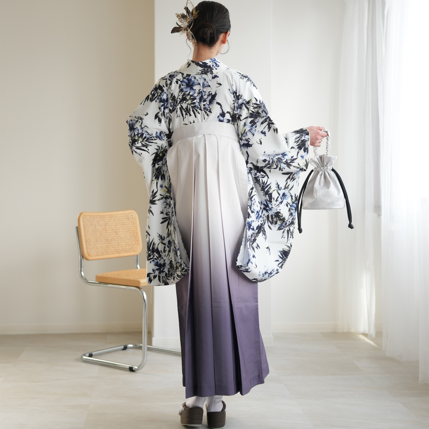 2尺袖 ポリエステル着物 袴用 異素材 モダン 蔓花文様 utatane 袴 レンタル 卒業式 2尺袖着物 17点セット レトロモダン