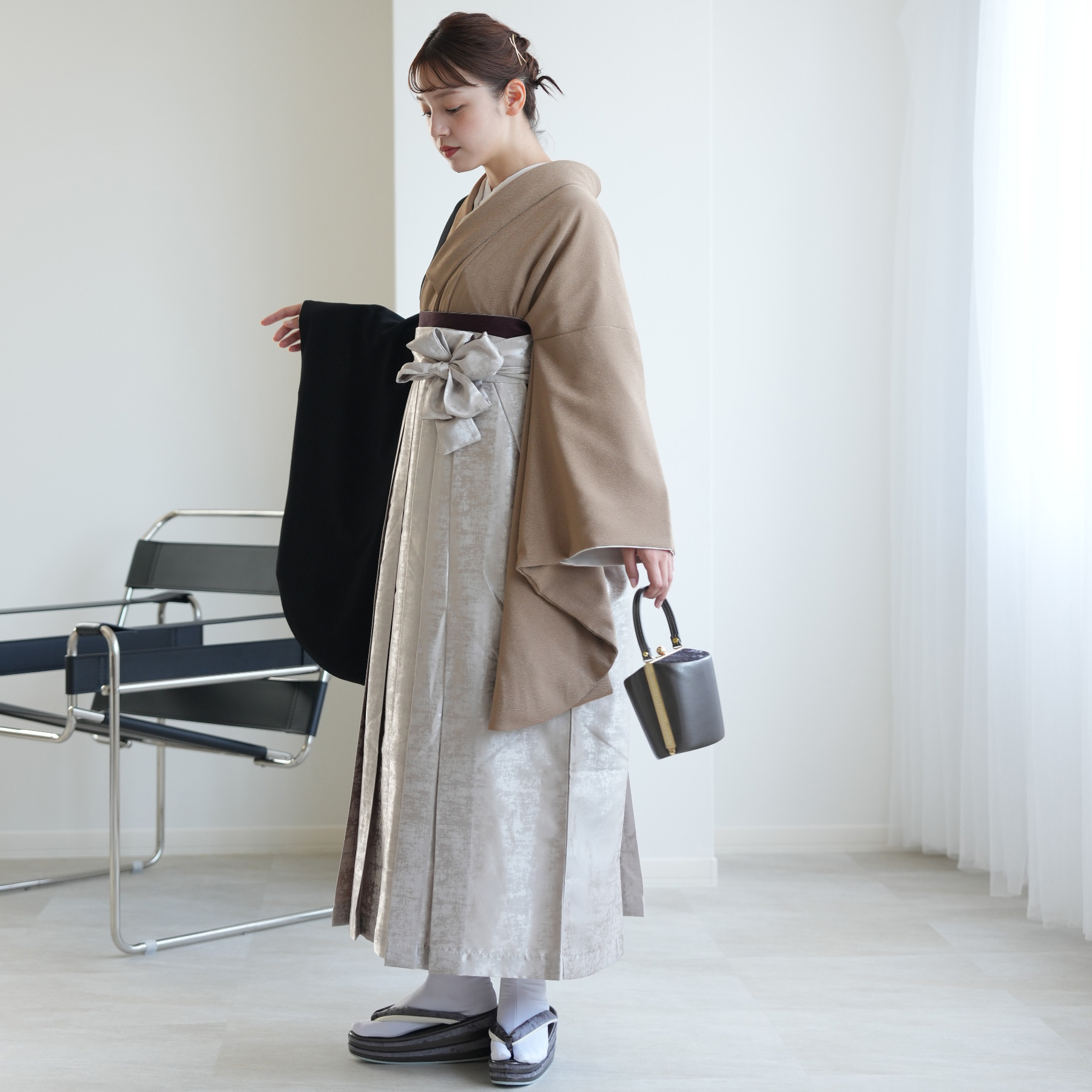 utatane 袴セット ベージュ・ダークブラウン 袴 レンタル 卒業式 二尺袖着物 17点セット utatane 袴セット 大学生